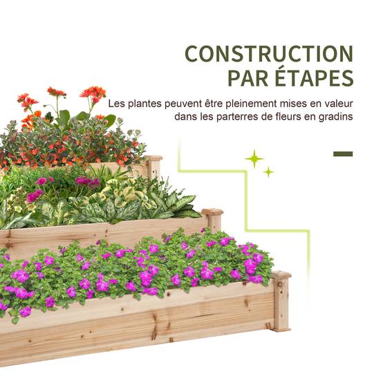Carré Potager de jardin en Bois massif, Jardinière Surélevé en Escalier 3 Niveaux, 120 x 120 x 56 cm, effet Bois Naturel - Image 8