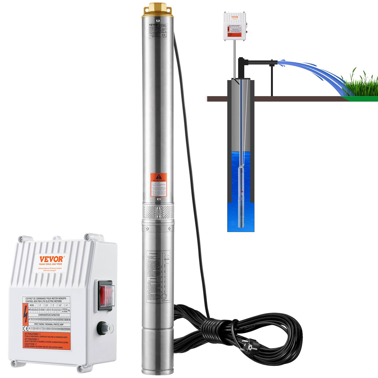 VEVOR Pompe immergée puits profond 1500W, inox, débit 9,8 m³/h, 108 m, cordon 19,4 m, IP68. - Image 1