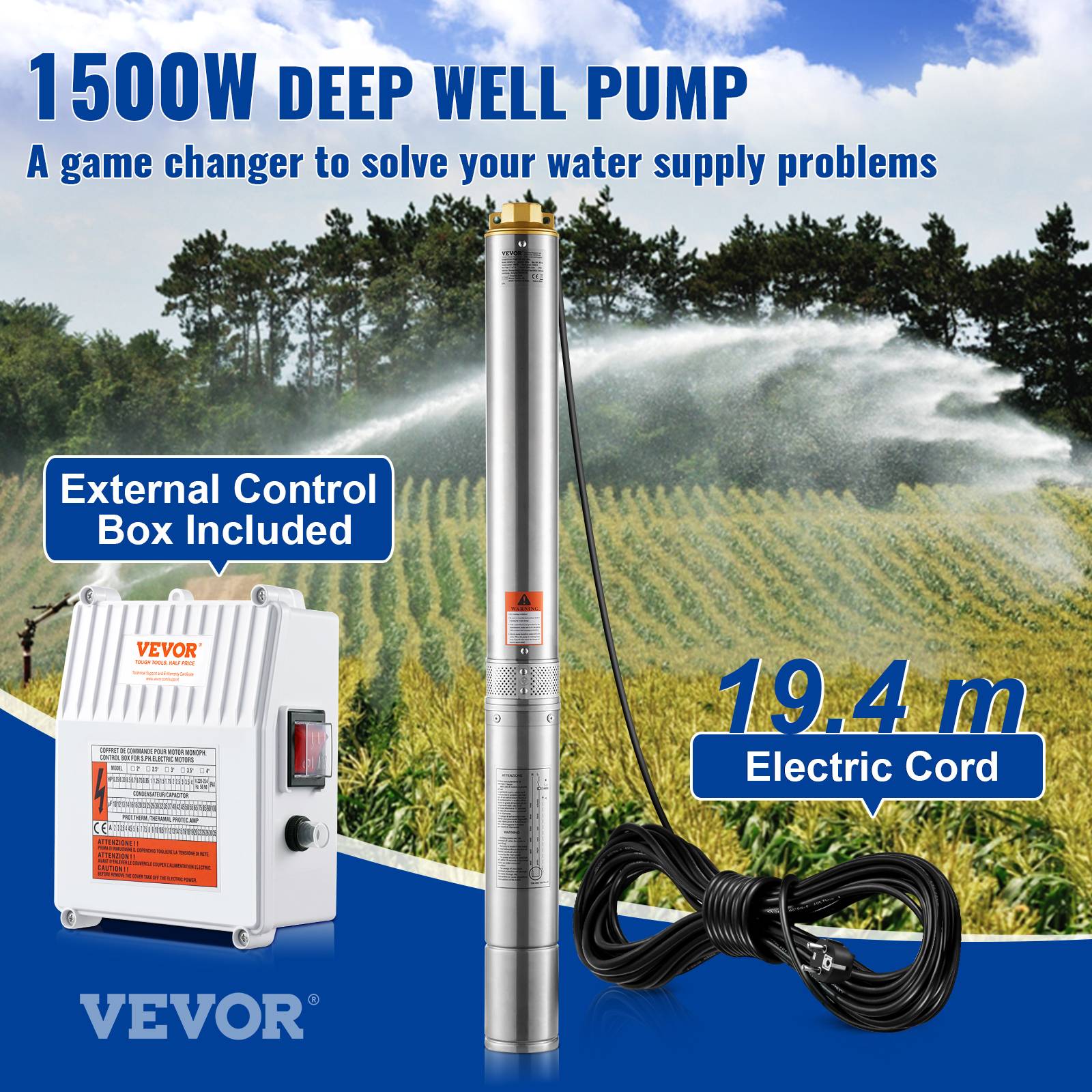 VEVOR Pompe immergée puits profond 1500W, inox, débit 9,8 m³/h, 108 m, cordon 19,4 m, IP68. - Image 2