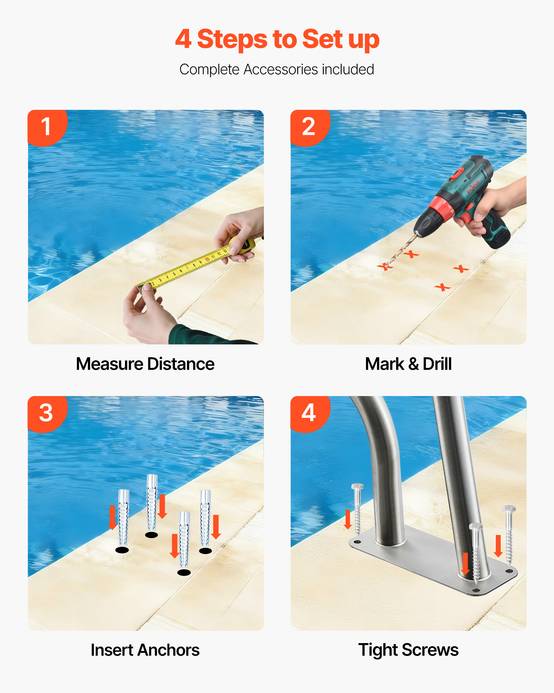 Vevor - VEVOR Rampe piscine 79x56 cm, main courante inox 304, capacité 100 kg, housse antidérapante, kit fixation inclus, montage sur béton, bois ou brique. - Image 7