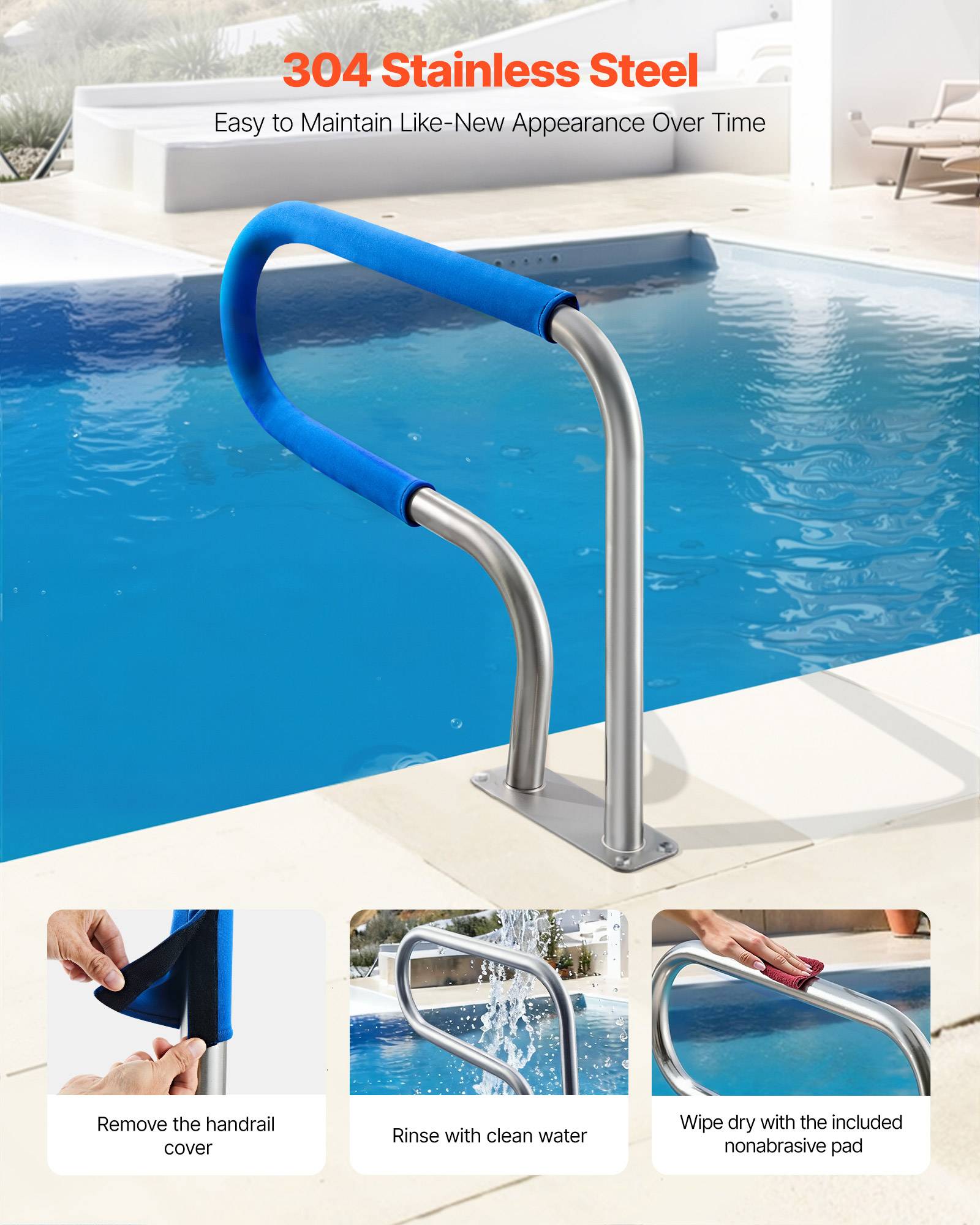 Vevor - VEVOR Rampe piscine 79x56 cm, main courante inox 304, capacité 100 kg, housse antidérapante, kit fixation inclus, montage sur béton, bois ou brique. - Image 3