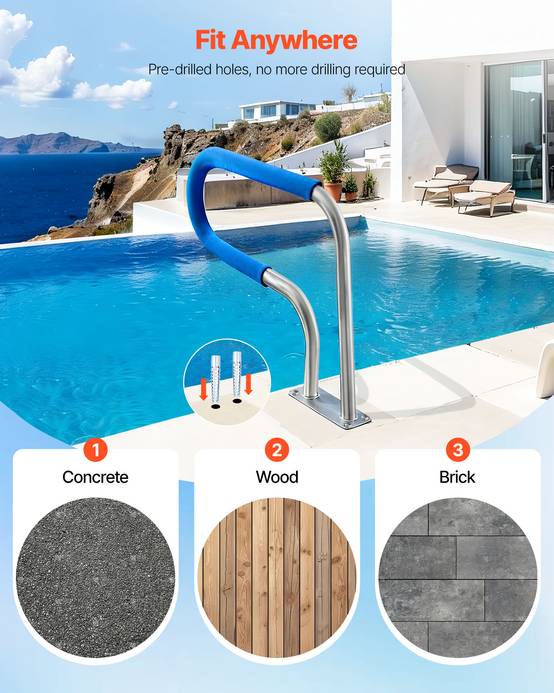 Vevor - VEVOR Rampe piscine 79x56 cm, main courante inox 304, capacité 100 kg, housse antidérapante, kit fixation inclus, montage sur béton, bois ou brique. - Image 5