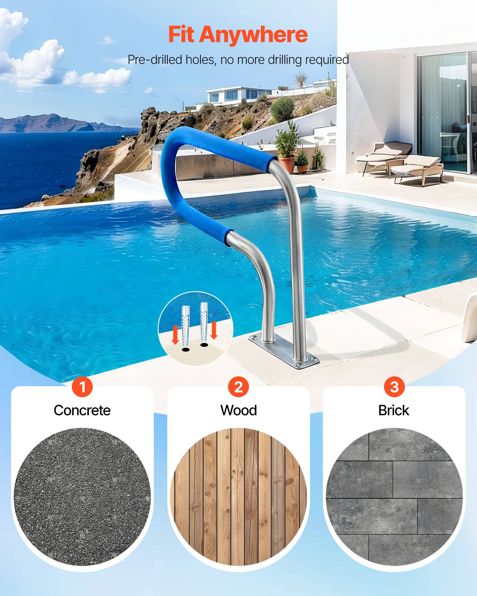 Vevor - VEVOR Rampe piscine 79x56 cm, main courante inox 304, capacité 100 kg, housse antidérapante, kit fixation inclus, montage sur béton, bois ou brique. - Image 5