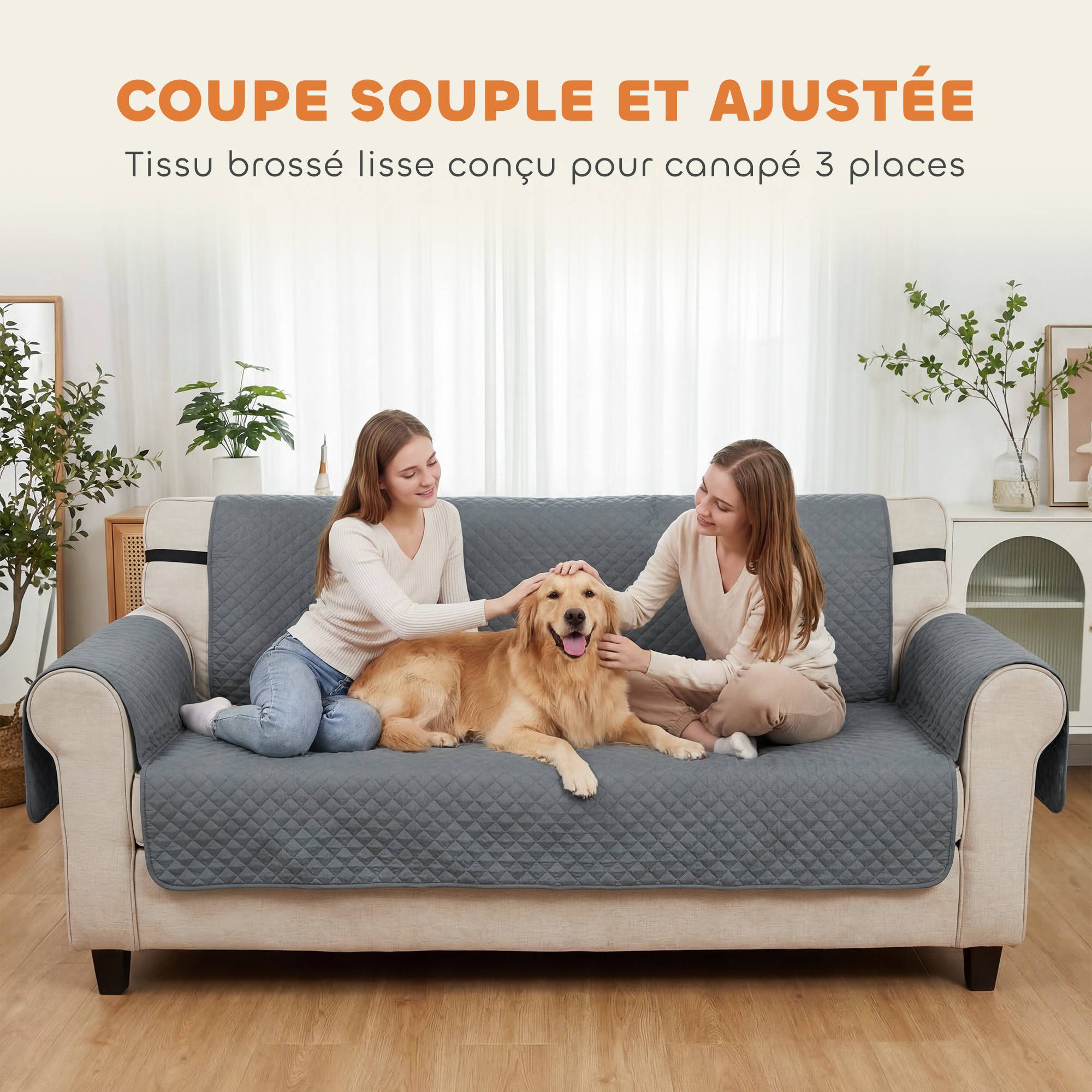 Housse de canapé 3 places, protection meuble, étanche, antidérapante avec poches de rangement, gris - Image 9