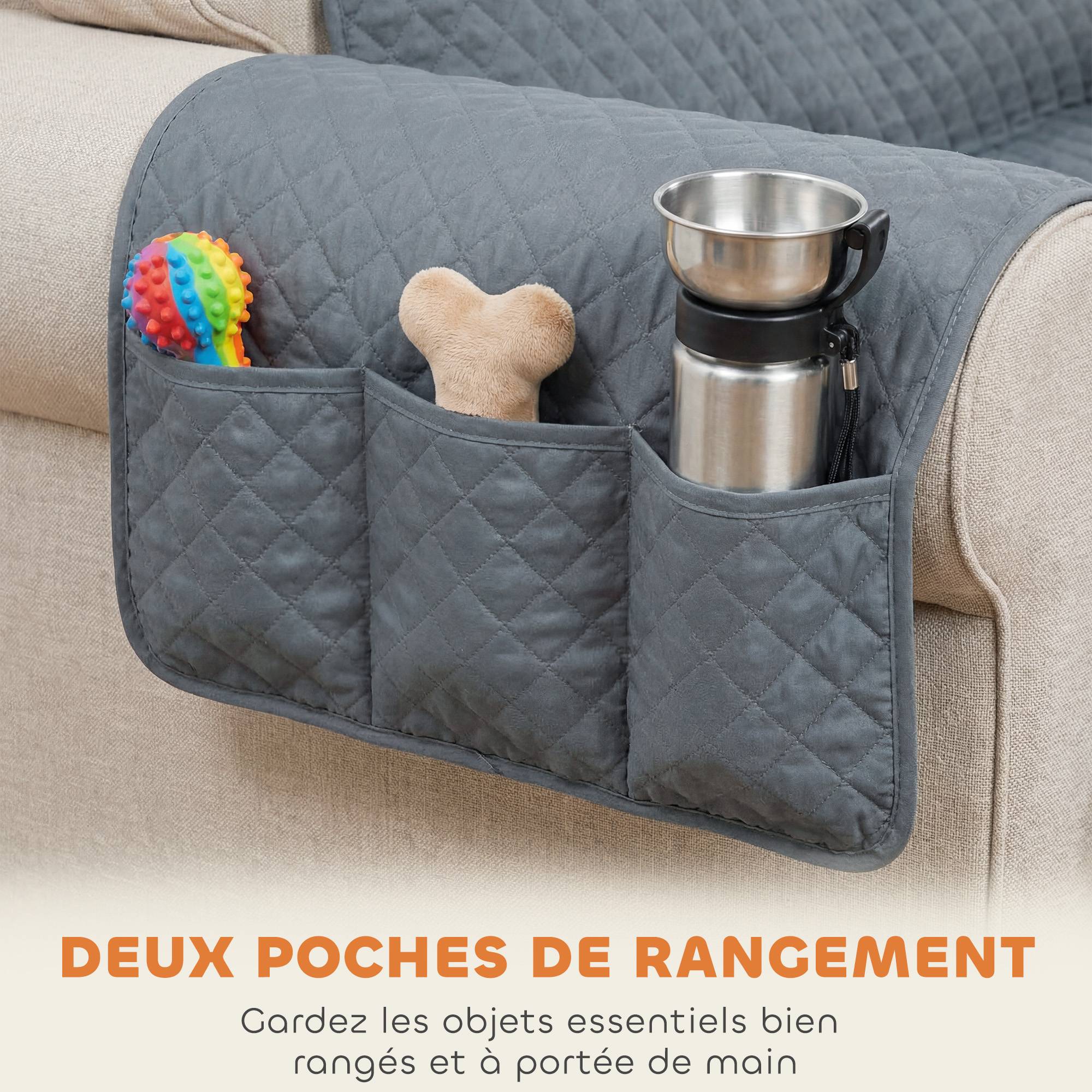 Housse de canapé 3 places, protection meuble, étanche, antidérapante avec poches de rangement, gris - Image 8