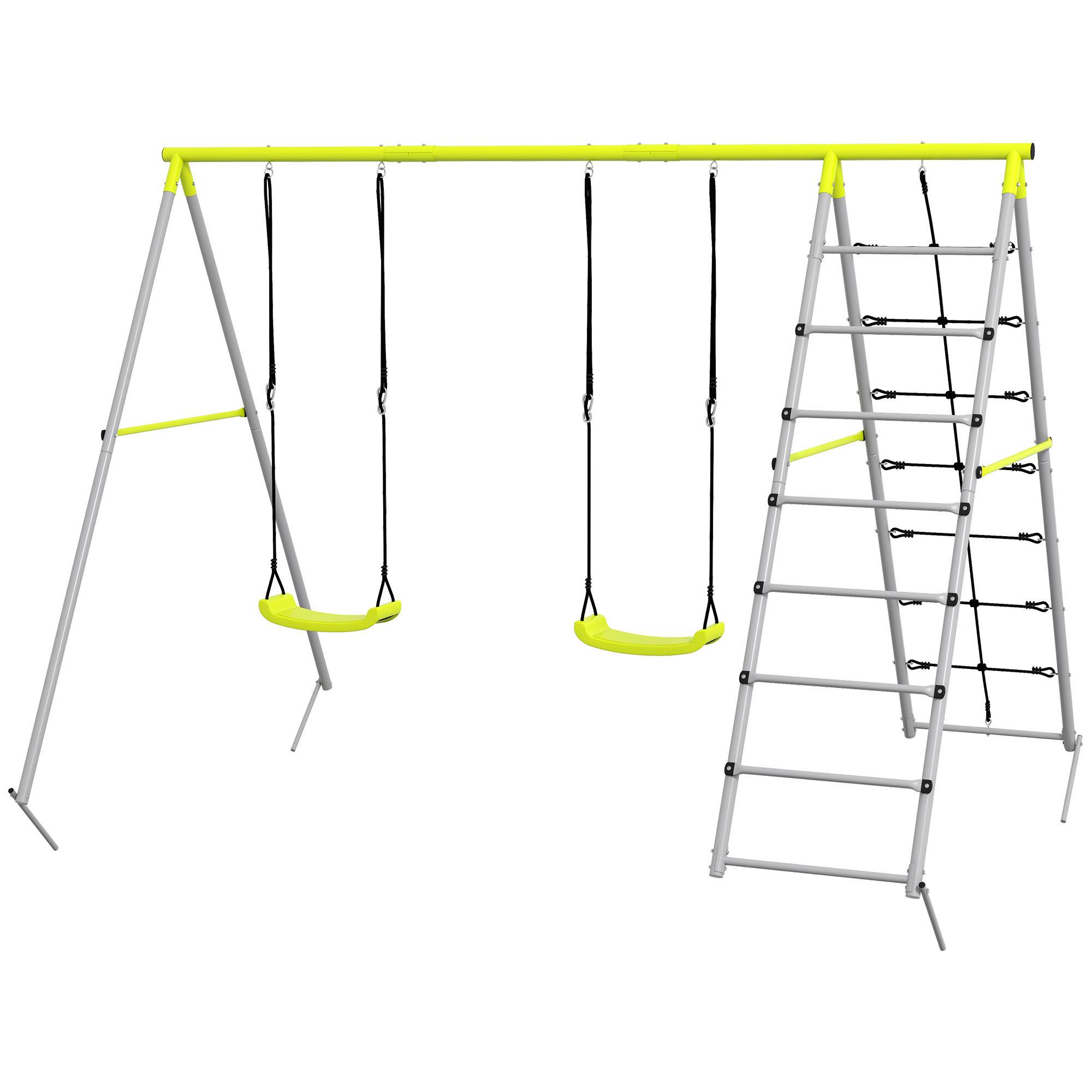 4 en 1 balançoire portique pour enfant avec 2 siège de balançoire échelle grimpeuse et filet d'escalade vert - Image 2