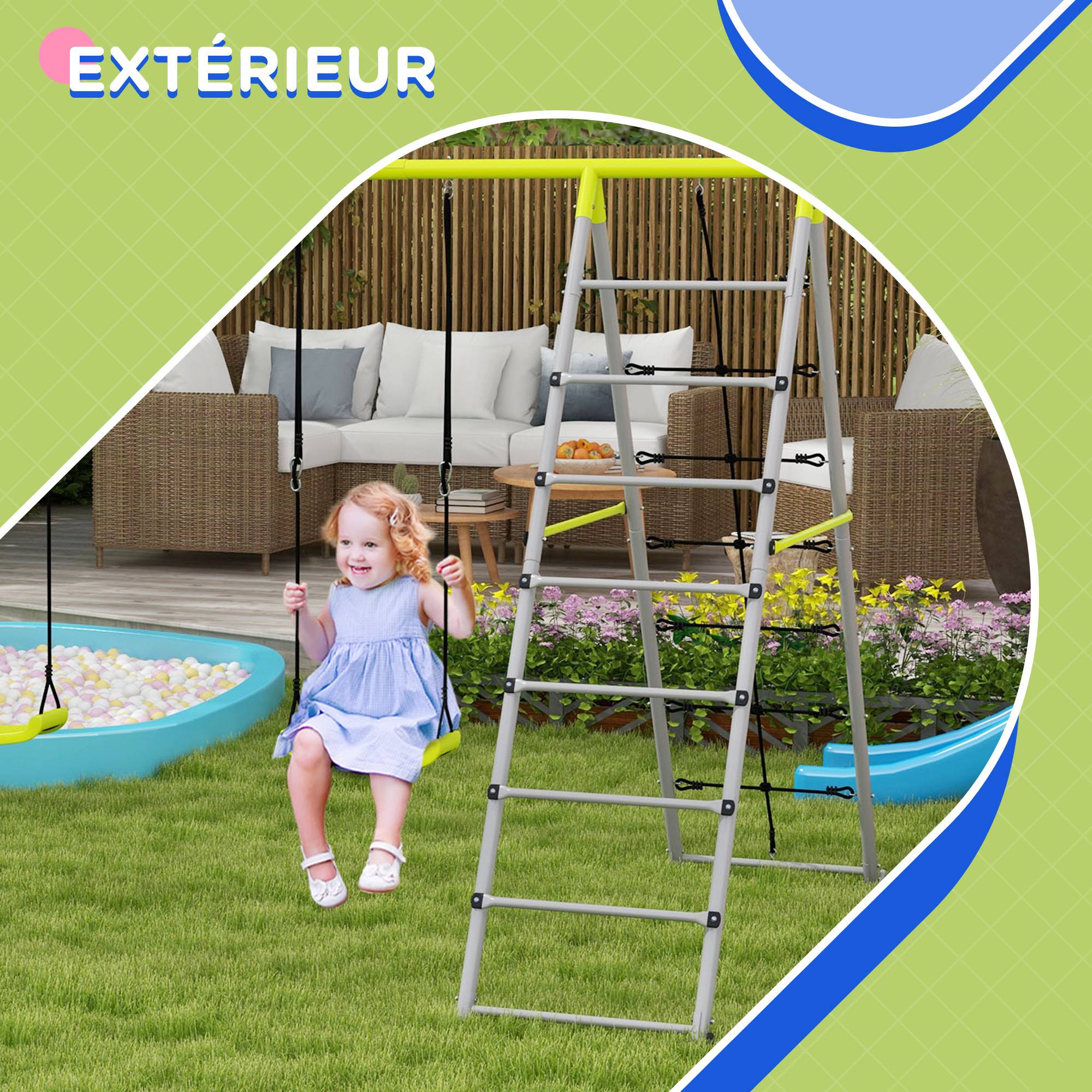 4 en 1 balançoire portique pour enfant avec 2 siège de balançoire échelle grimpeuse et filet d'escalade vert - Image 8