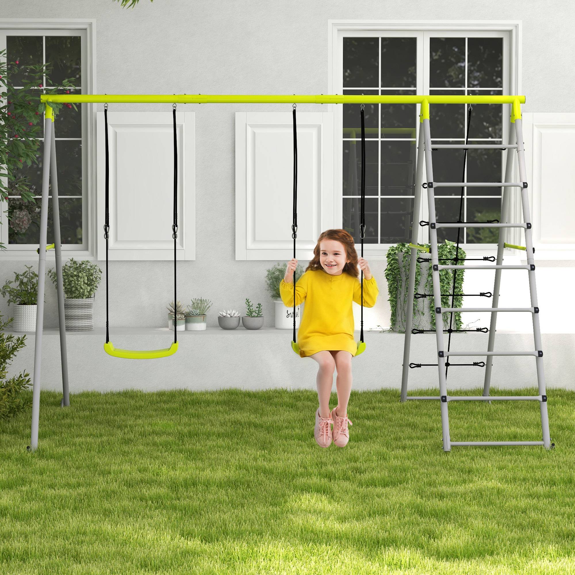 4 en 1 balançoire portique pour enfant avec 2 siège de balançoire échelle grimpeuse et filet d'escalade vert - Image 3