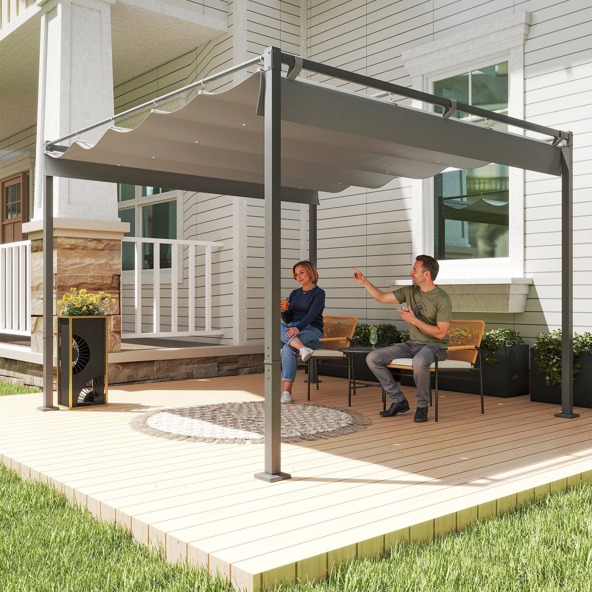 Pergola Adossée 3x3m en Métal Toit Rétractable Coulissant Protection UV Gris - ComfortXL Outdoor Living - Image 3