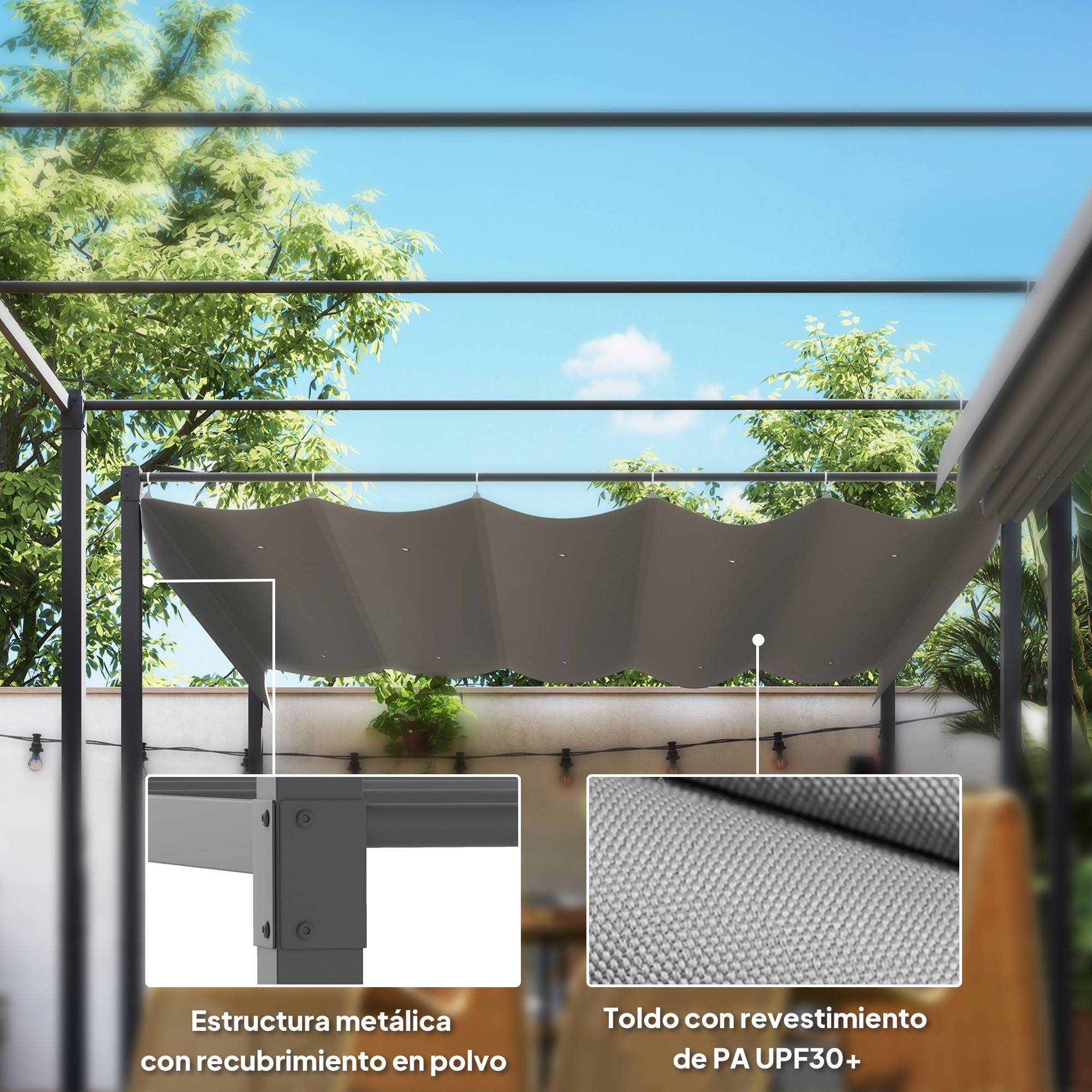 Pergola Adossée 3x3m en Métal Toit Rétractable Coulissant Protection UV Gris - ComfortXL Outdoor Living - Image 8