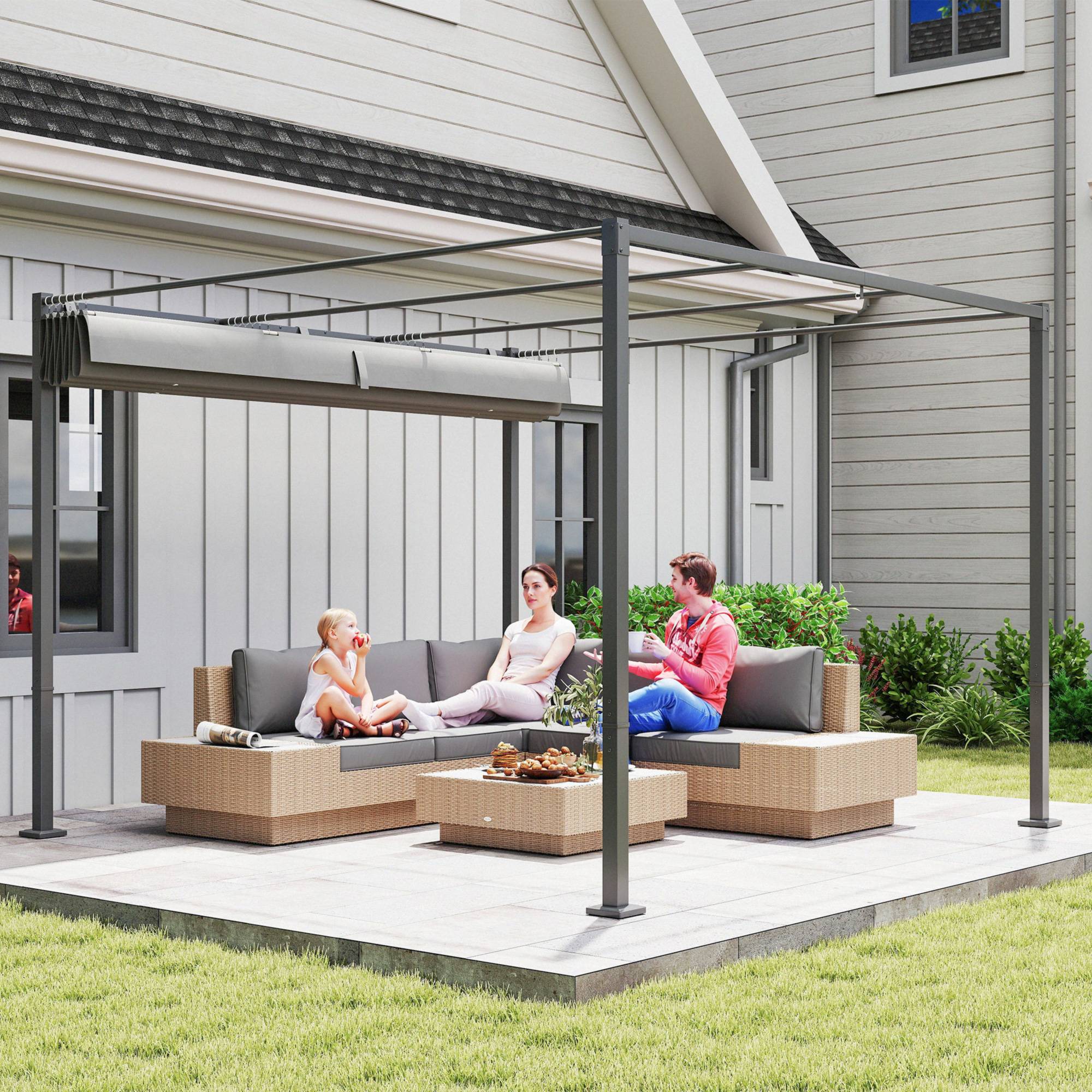 Pergola Adossée 3x3m en Métal Toit Rétractable Coulissant Protection UV Gris - ComfortXL Outdoor Living - Image 10