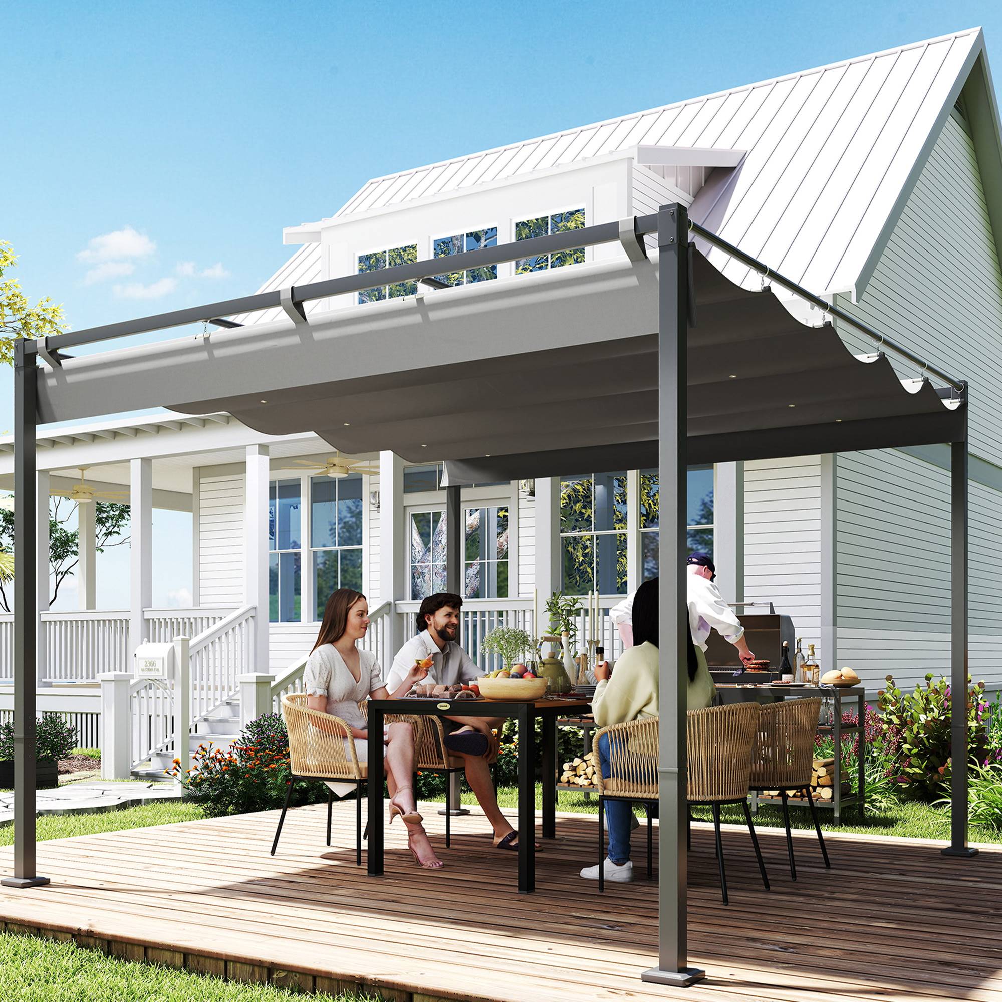Pergola Adossée 3x3m en Métal Toit Rétractable Coulissant Protection UV Gris - ComfortXL Outdoor Living - Image 4