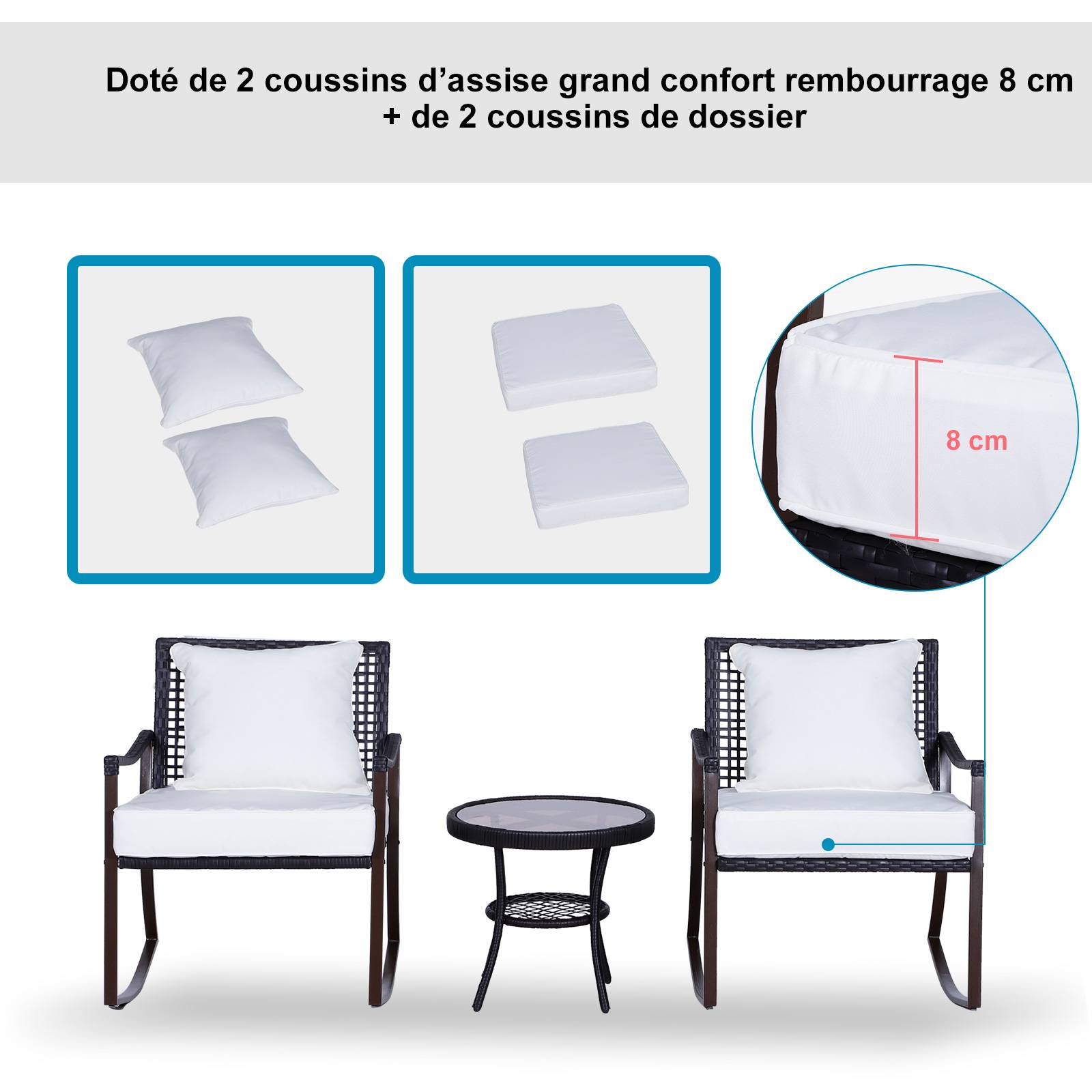 Outsunny - Outsunny Ensemble de jardin 3 pièces style cosy 2 fauteuils à bascule avec coussins assise dossier + table basse résine tressée brun crème - Outsunny - Image 4