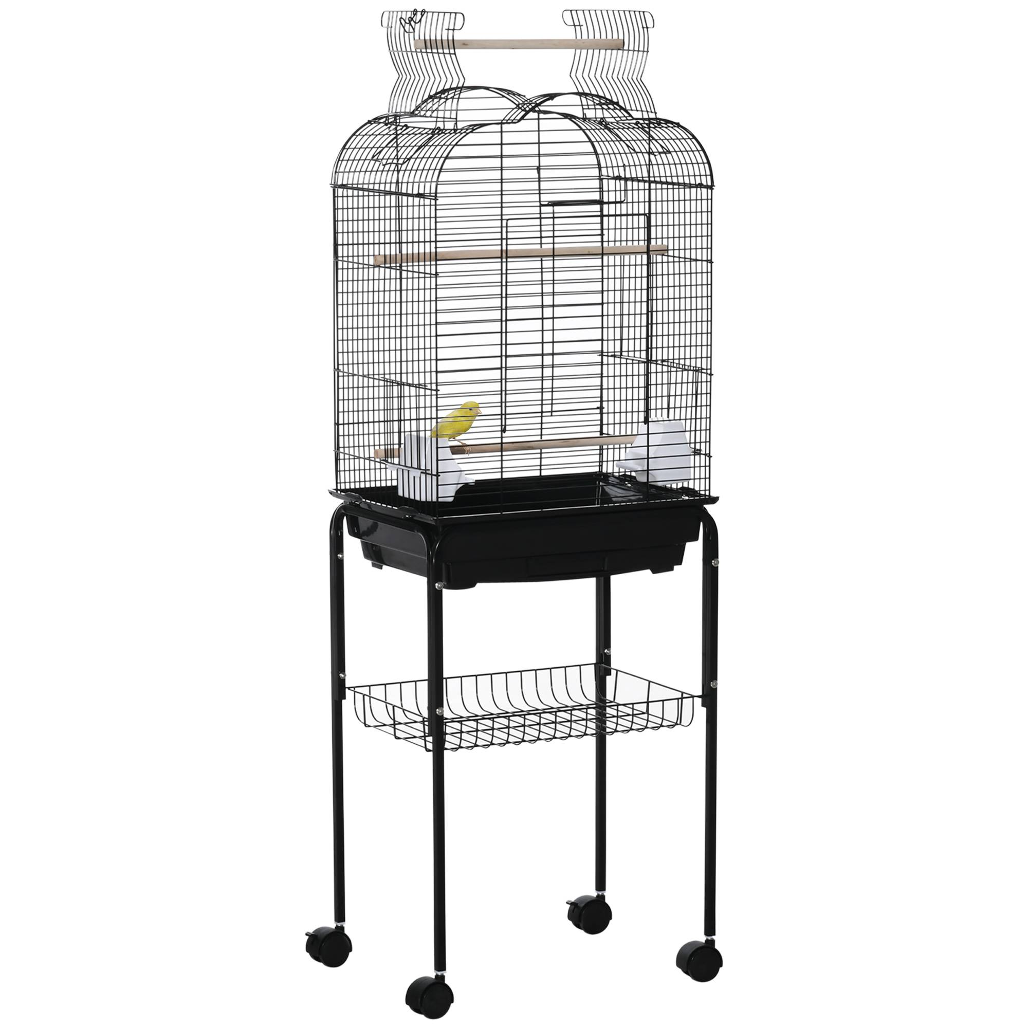 Pawhut - Cage à oiseaux volière amovible roulettes - toit ouvrant, tiroir déjection, perchoirs, trappes, porte, mangeoires, poignées - étagère - acier PP noir - Image 1