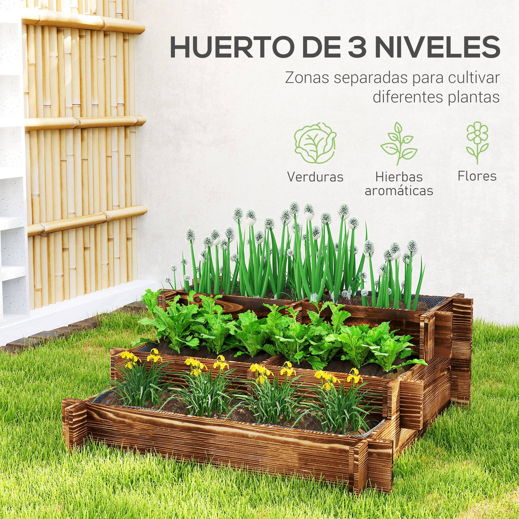 Jardinière à 3 niveaux avec échelle et toile non tissée pour la plantation de fleurs, 93 x 93 x 35 cm, carbonisée - Image 6