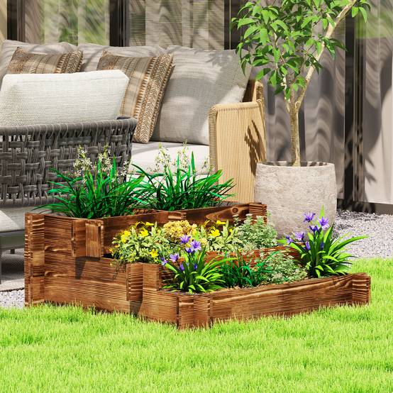 Jardinière à 3 niveaux avec échelle et toile non tissée pour la plantation de fleurs, 93 x 93 x 35 cm, carbonisée - Image 3