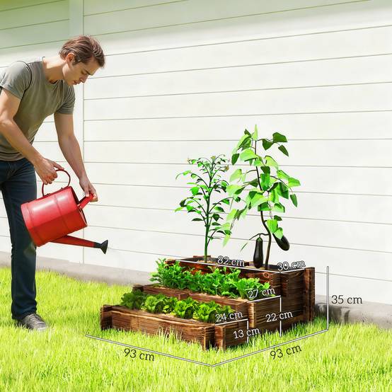 Jardinière à 3 niveaux avec échelle et toile non tissée pour la plantation de fleurs, 93 x 93 x 35 cm, carbonisée - Image 5
