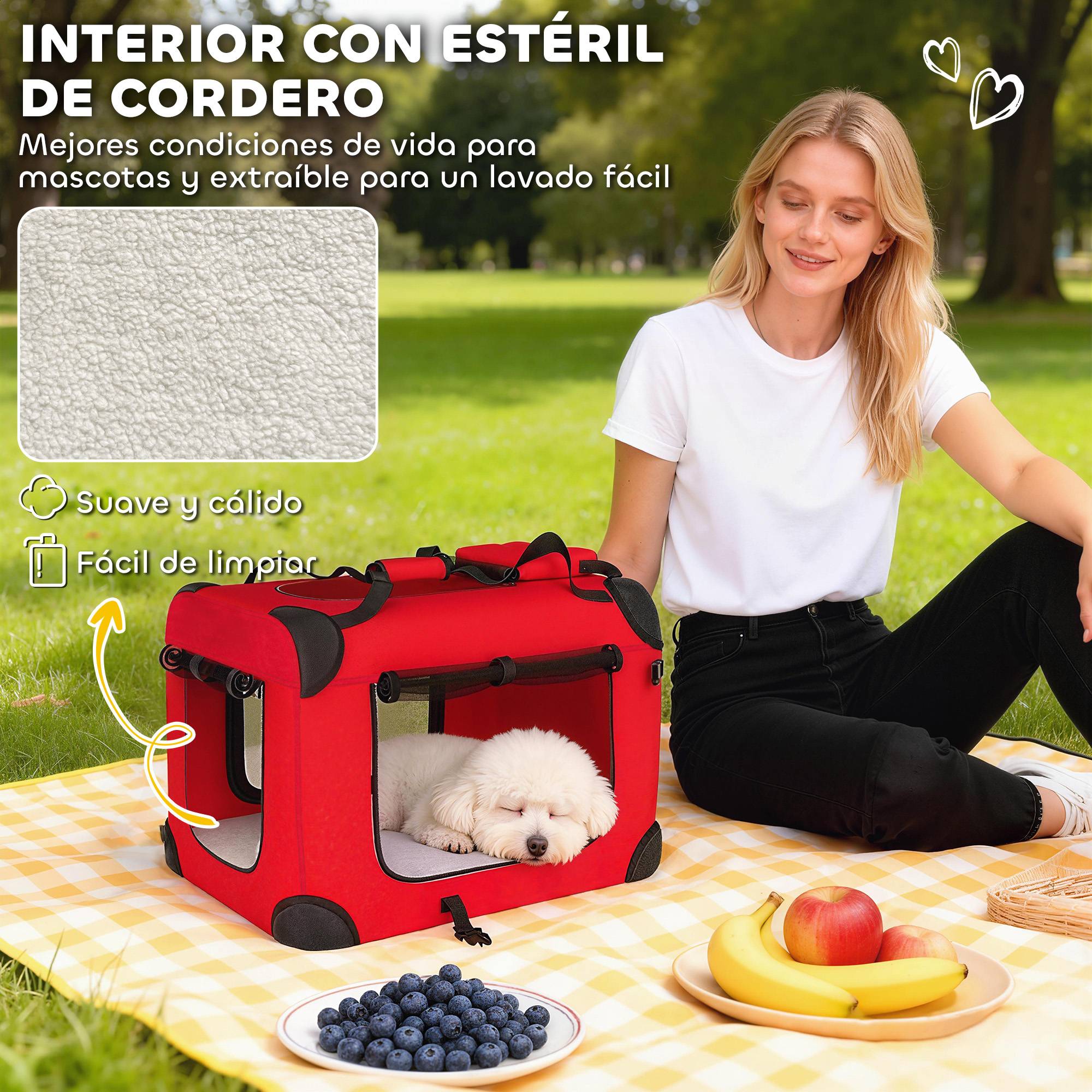 Sac de transport pliable pour chiens et chats (60 x 41,5 x 41 cm) avec fenêtres en filet, coussin moelleux et 2 poignées, rouge. - Image 6