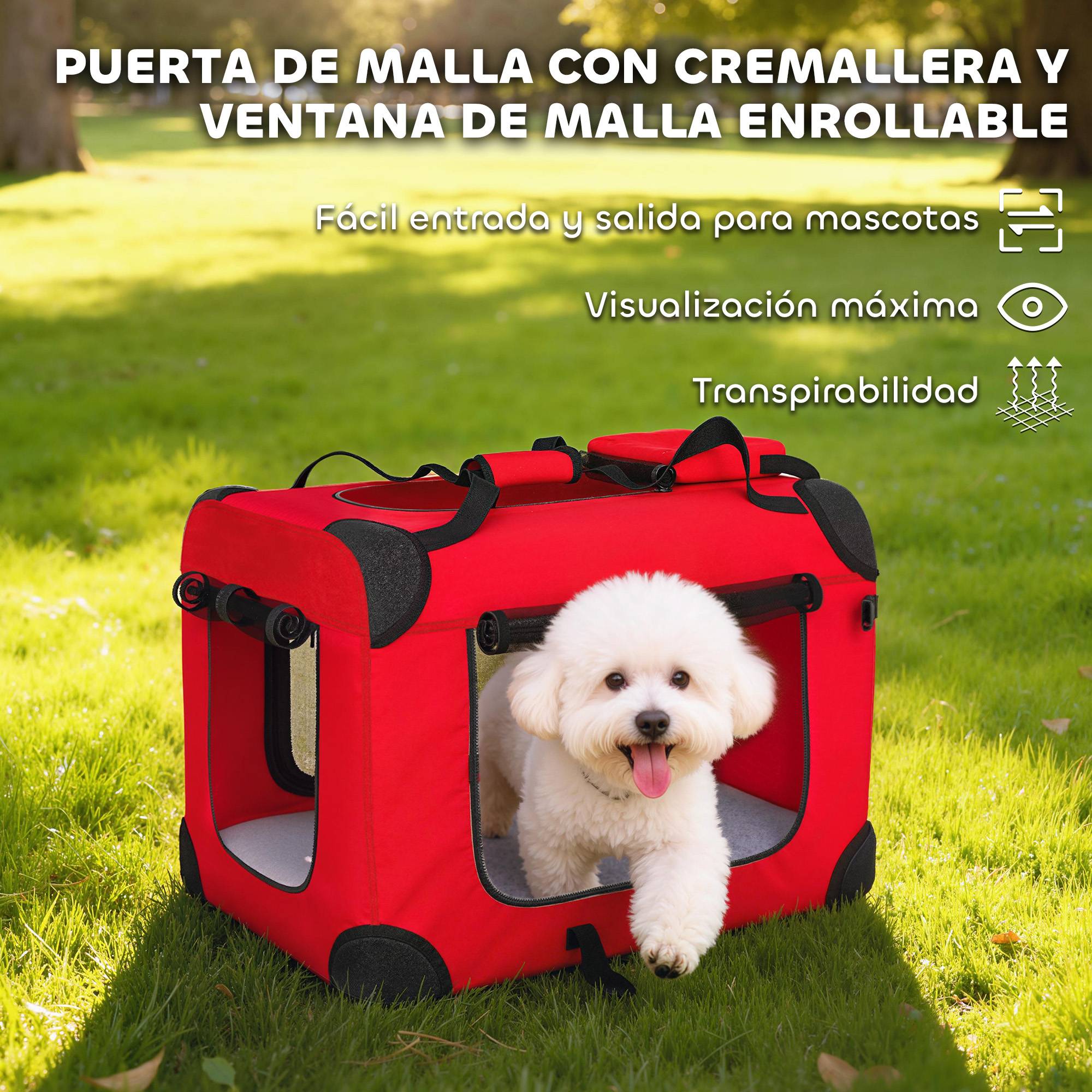 Sac de transport pliable pour chiens et chats (60 x 41,5 x 41 cm) avec fenêtres en filet, coussin moelleux et 2 poignées, rouge. - Image 8