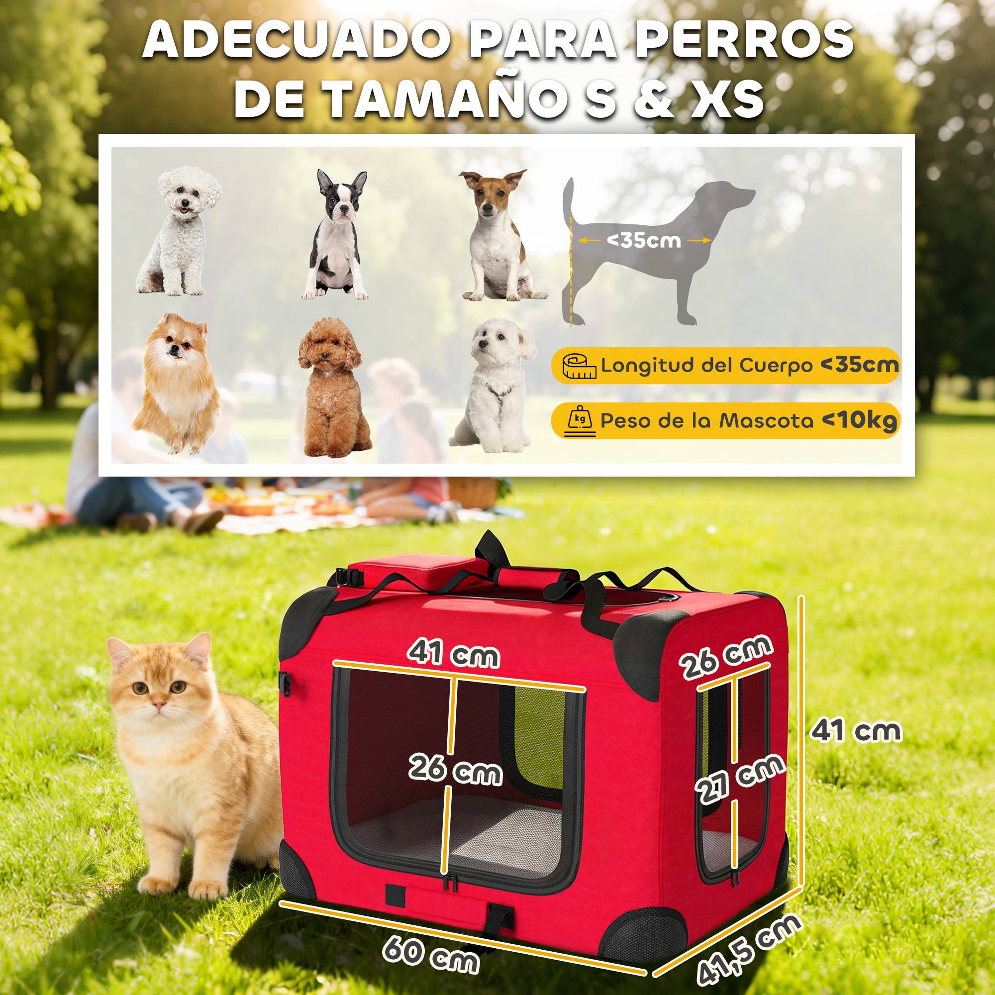 Sac de transport pliable pour chiens et chats (60 x 41,5 x 41 cm) avec fenêtres en filet, coussin moelleux et 2 poignées, rouge. - Image 5