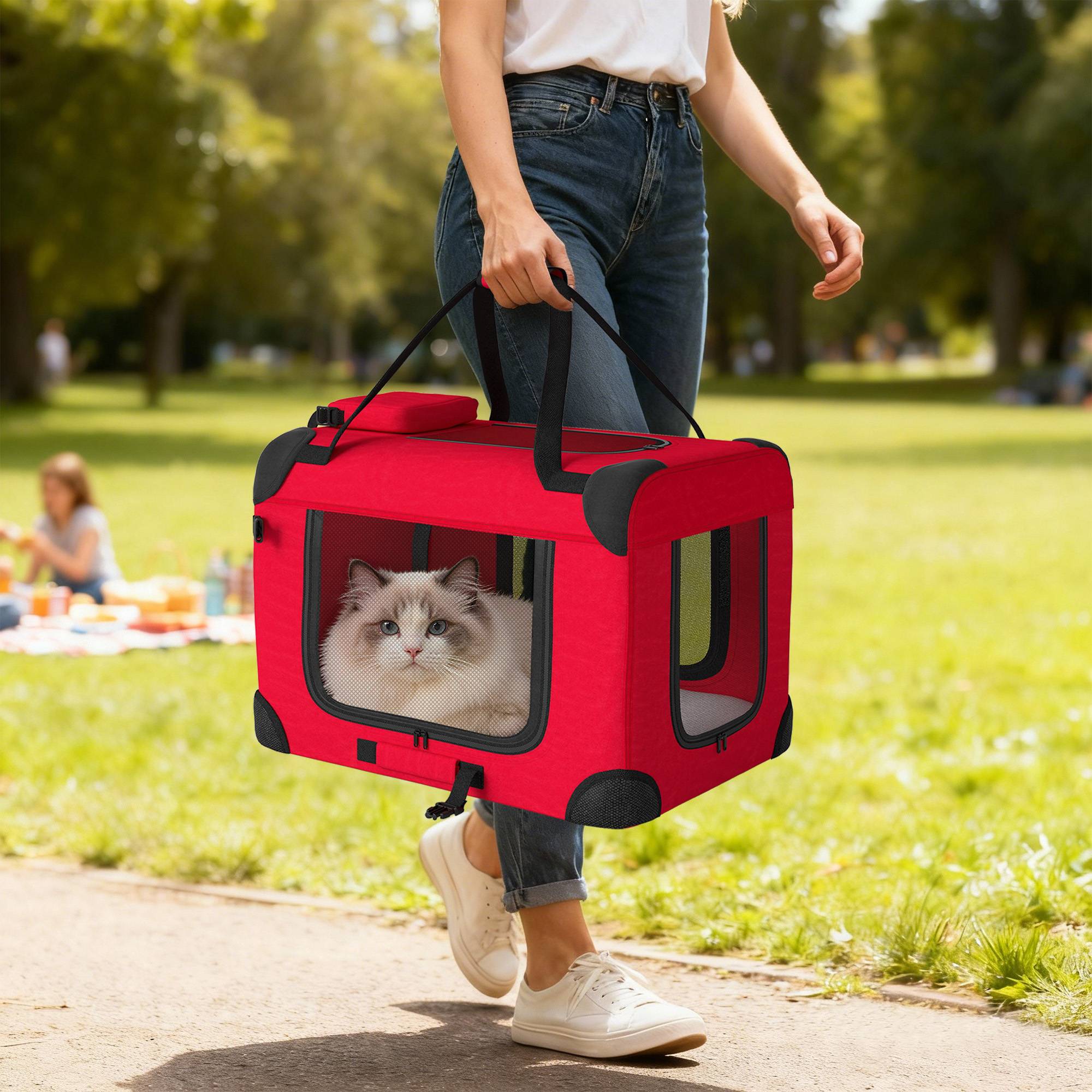 Sac de transport pliable pour chiens et chats (60 x 41,5 x 41 cm) avec fenêtres en filet, coussin moelleux et 2 poignées, rouge. - Image 4