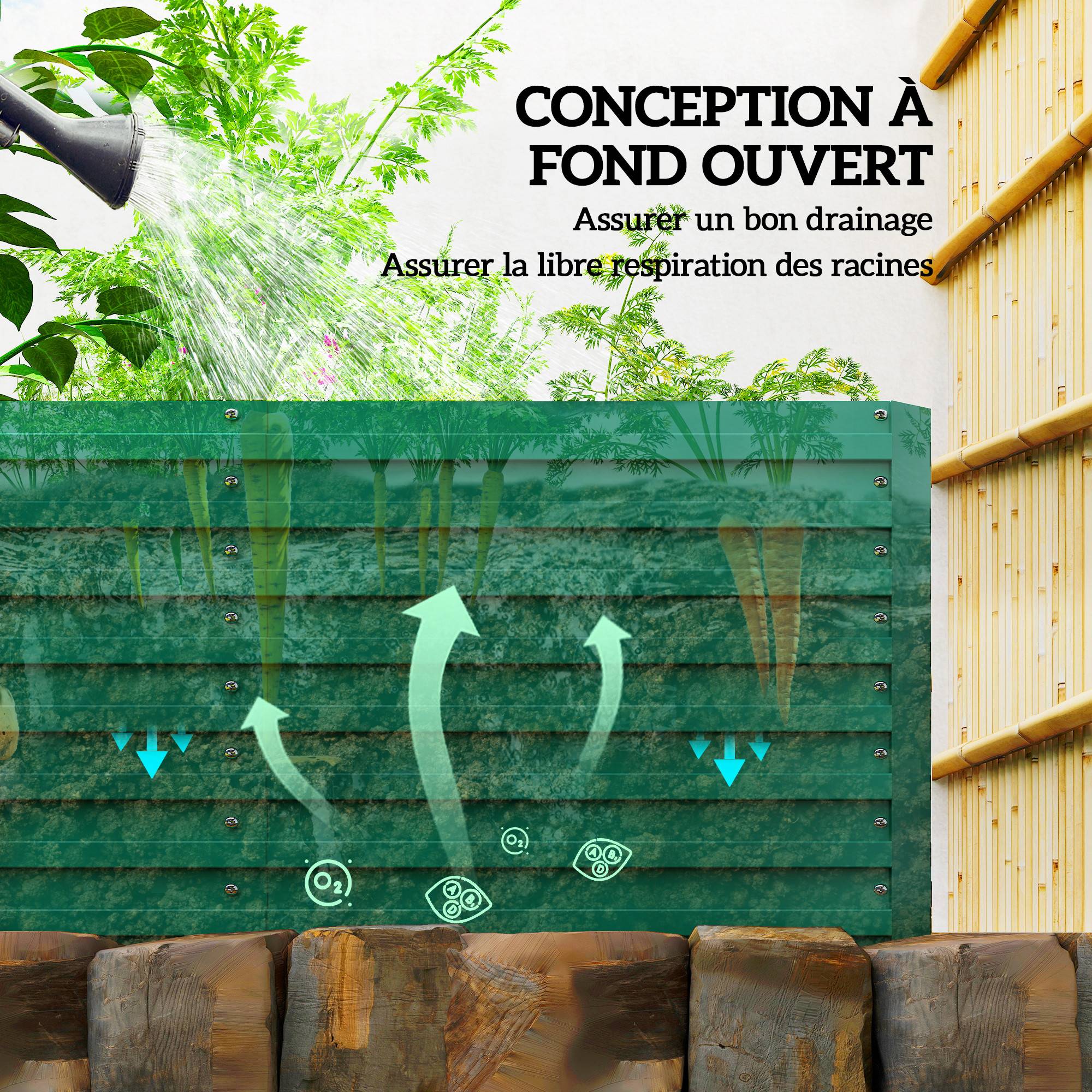 Jardinière rectangulaire surélevée acier galvanisé 240x120x60 cm à fond ouvert, potager grand format vert - Image 8