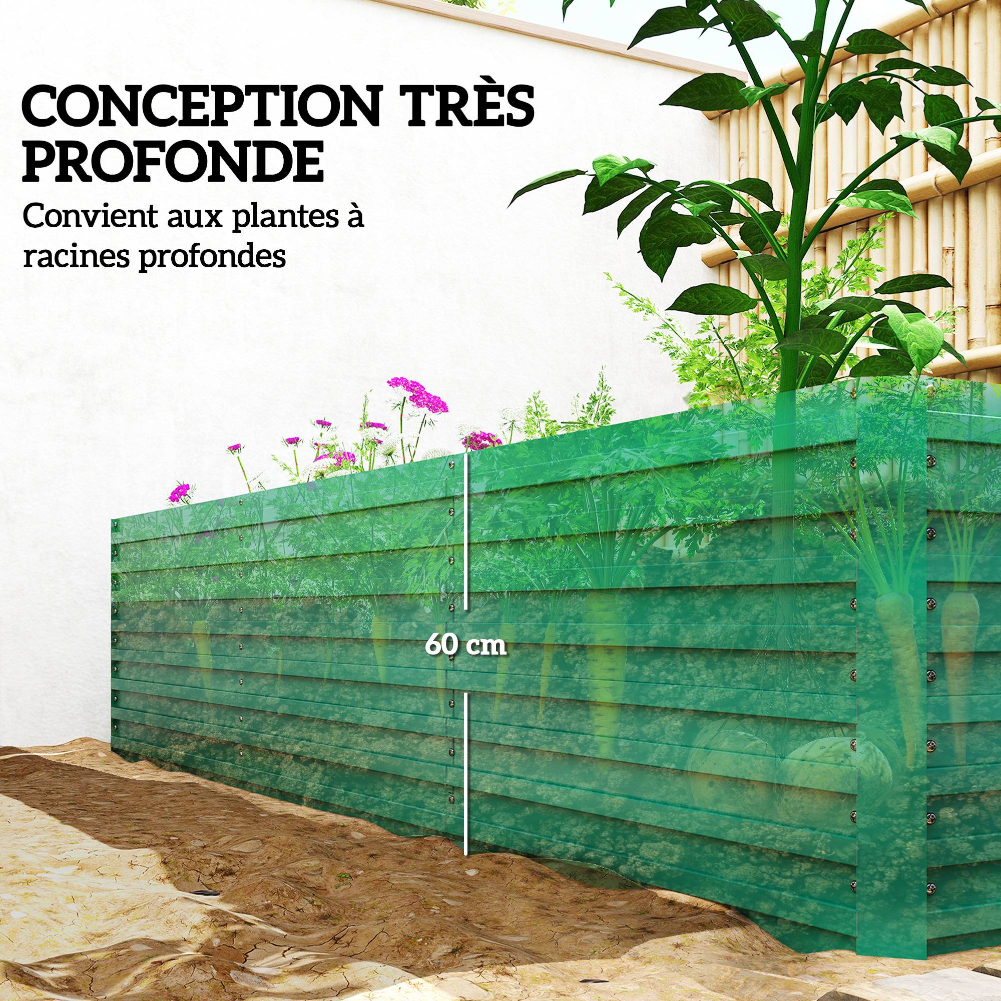 Jardinière rectangulaire surélevée acier galvanisé 240x120x60 cm à fond ouvert, potager grand format vert - Image 6