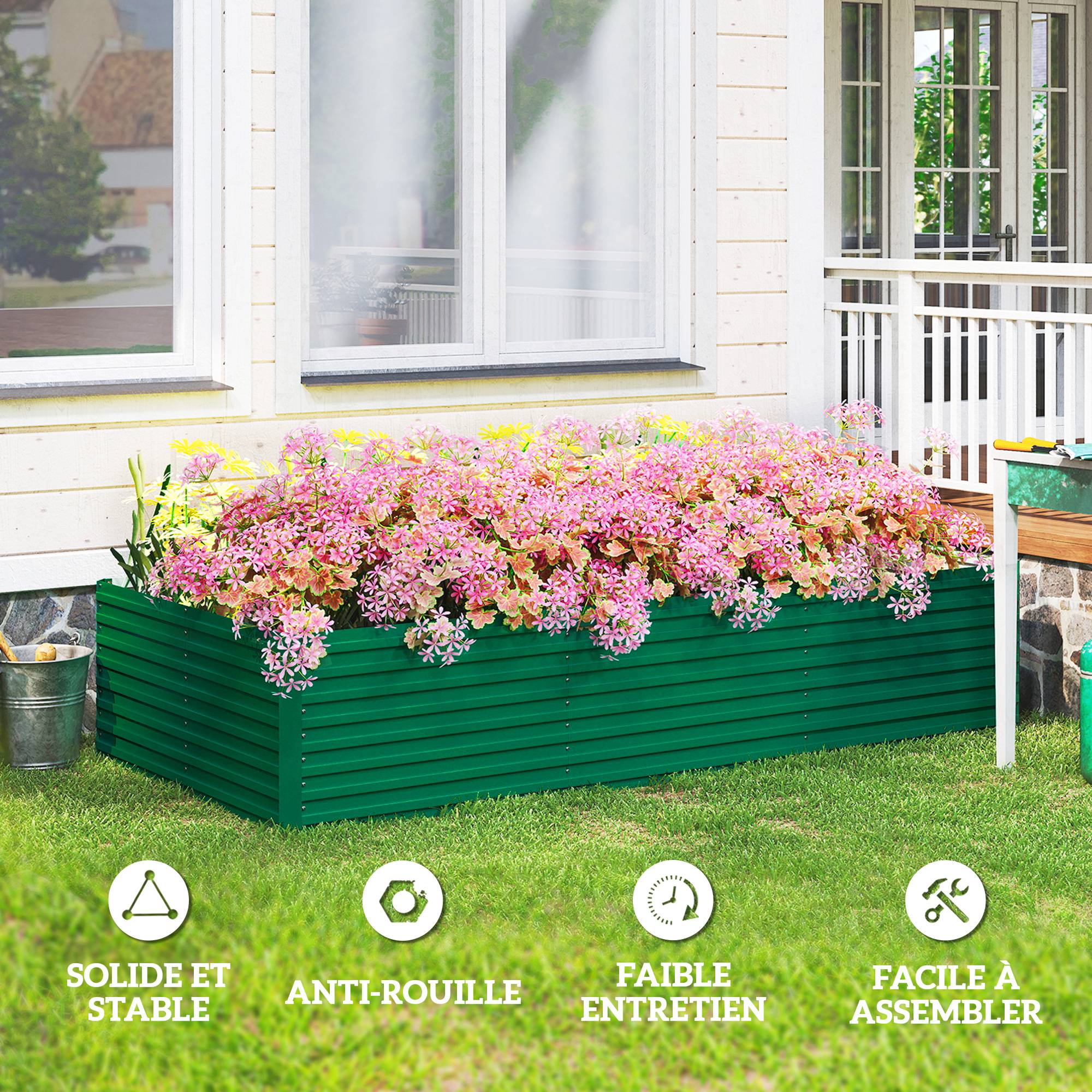 Jardinière rectangulaire surélevée acier galvanisé 240x120x60 cm à fond ouvert, potager grand format vert - Image 7
