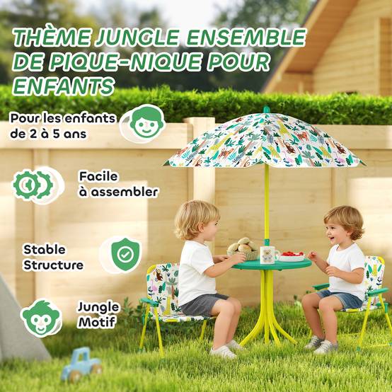 Ensemble Salon de Jardin Extérieur Enfant avec 2 Chaises Pliantes et Parasol, Thème Jungle, pour Jardin, Terrasse, Vert - Image 6