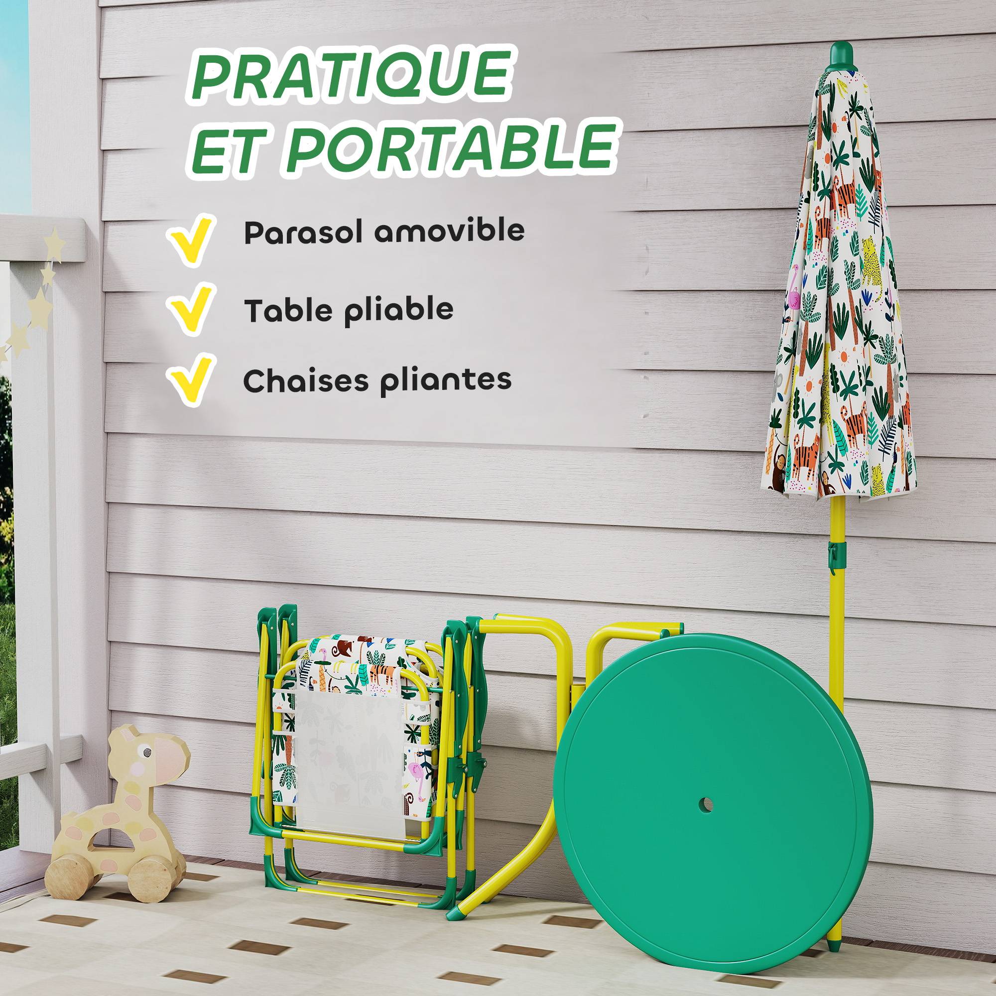 Ensemble Salon de Jardin Extérieur Enfant avec 2 Chaises Pliantes et Parasol, Thème Jungle, pour Jardin, Terrasse, Vert - Image 7
