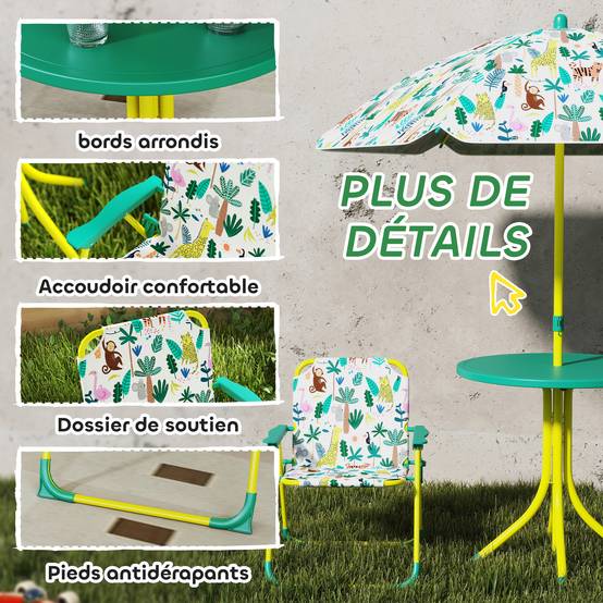 Ensemble Salon de Jardin Extérieur Enfant avec 2 Chaises Pliantes et Parasol, Thème Jungle, pour Jardin, Terrasse, Vert - Image 8