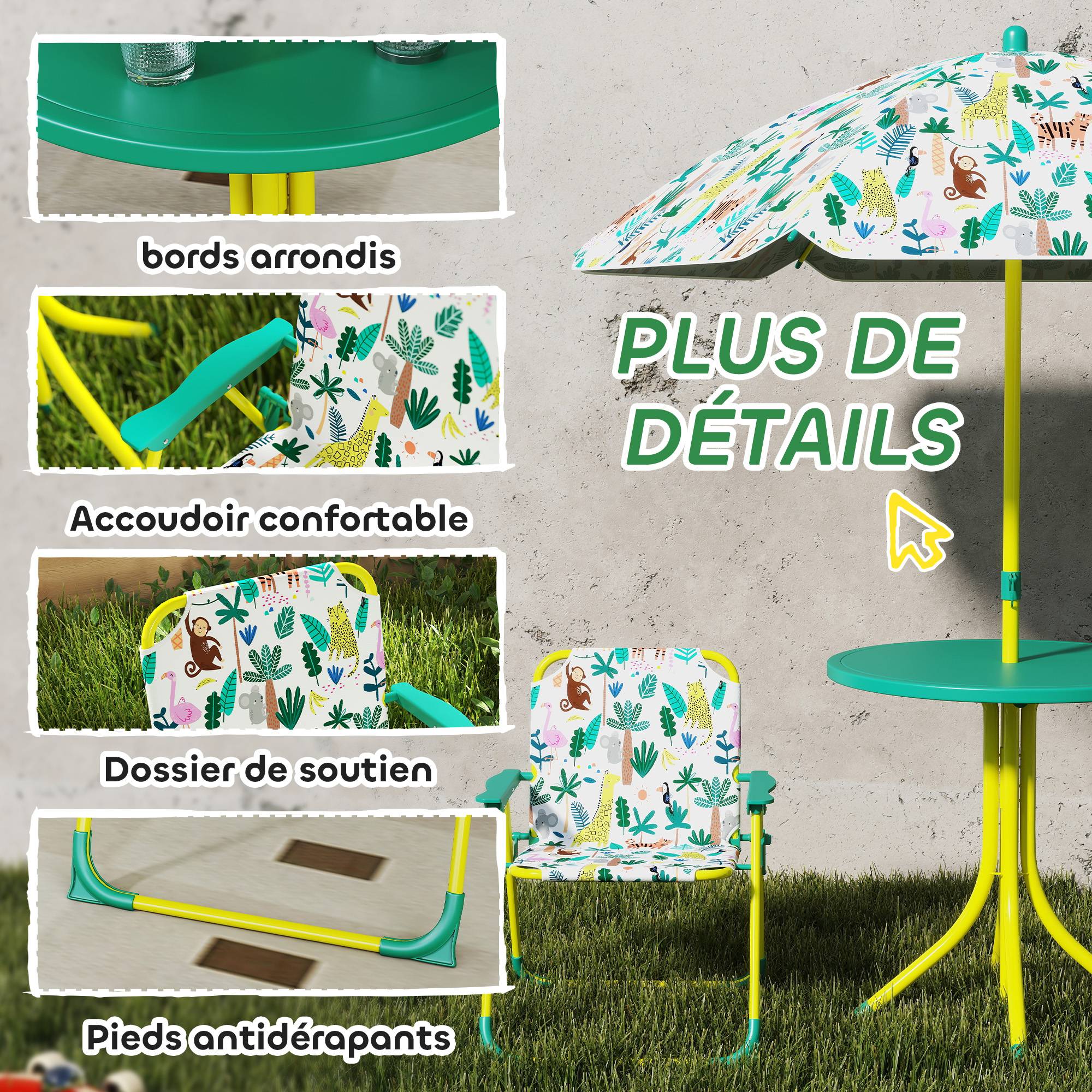 Ensemble Salon de Jardin Extérieur Enfant avec 2 Chaises Pliantes et Parasol, Thème Jungle, pour Jardin, Terrasse, Vert - Image 8