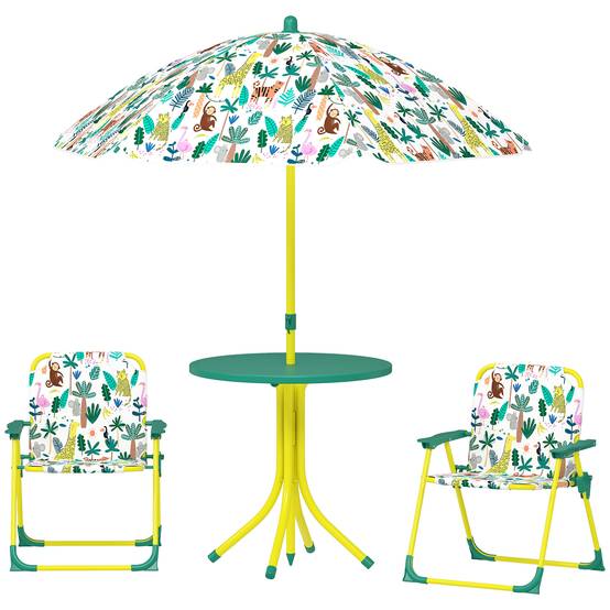Ensemble Salon de Jardin Extérieur Enfant avec 2 Chaises Pliantes et Parasol, Thème Jungle, pour Jardin, Terrasse, Vert - Image 2