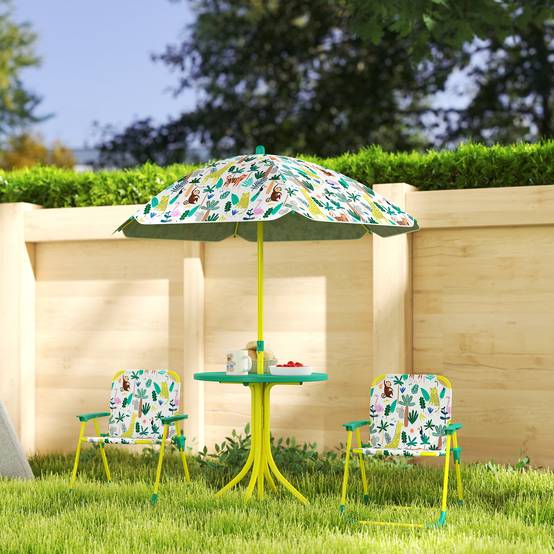 Ensemble Salon de Jardin Extérieur Enfant avec 2 Chaises Pliantes et Parasol, Thème Jungle, pour Jardin, Terrasse, Vert - Image 4