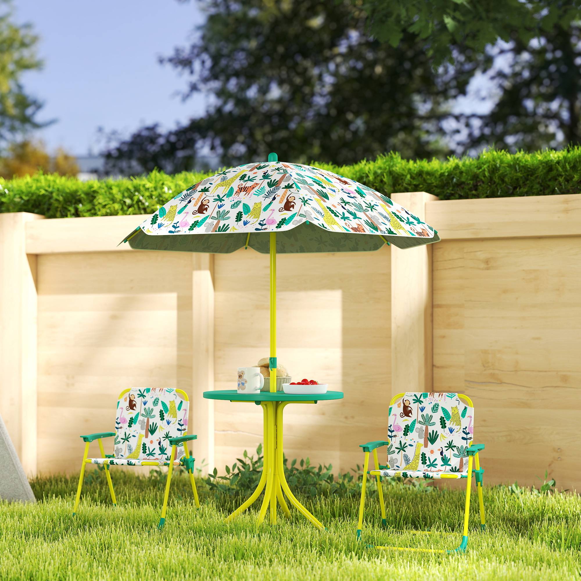 Ensemble Salon de Jardin Extérieur Enfant avec 2 Chaises Pliantes et Parasol, Thème Jungle, pour Jardin, Terrasse, Vert - Image 4