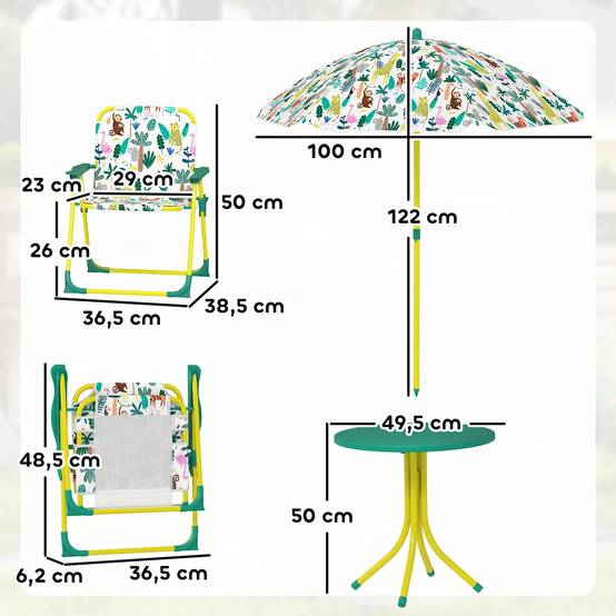 Ensemble Salon de Jardin Extérieur Enfant avec 2 Chaises Pliantes et Parasol, Thème Jungle, pour Jardin, Terrasse, Vert - Image 5