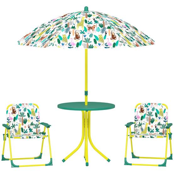 Ensemble Salon de Jardin Extérieur Enfant avec 2 Chaises Pliantes et Parasol, Thème Jungle, pour Jardin, Terrasse, Vert - Image 1