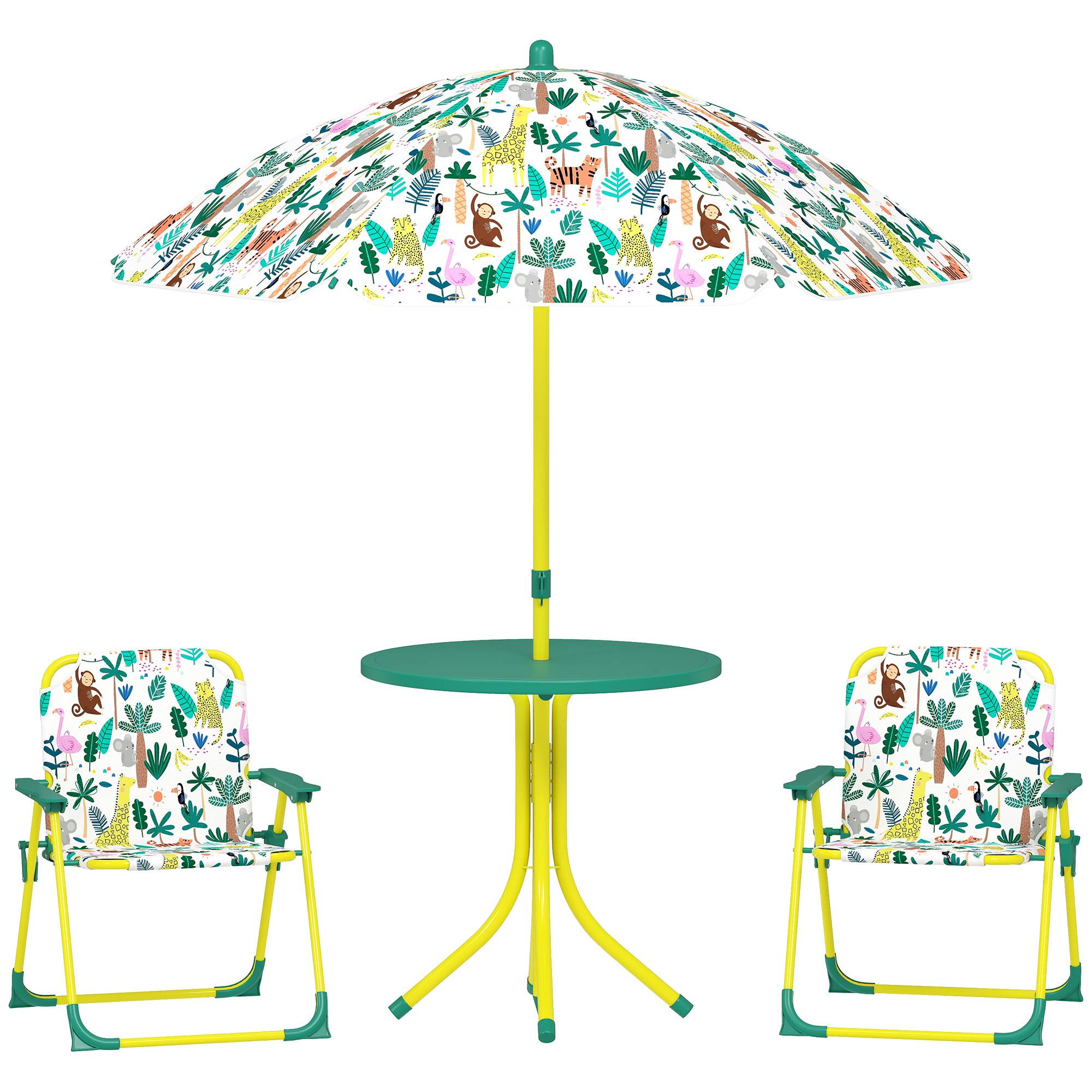 Ensemble Salon de Jardin Extérieur Enfant avec 2 Chaises Pliantes et Parasol, Thème Jungle, pour Jardin, Terrasse, Vert - Image 1