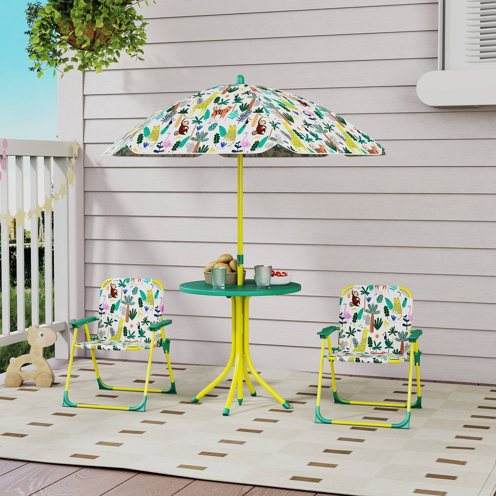 Ensemble Salon de Jardin Extérieur Enfant avec 2 Chaises Pliantes et Parasol, Thème Jungle, pour Jardin, Terrasse, Vert - Image 3