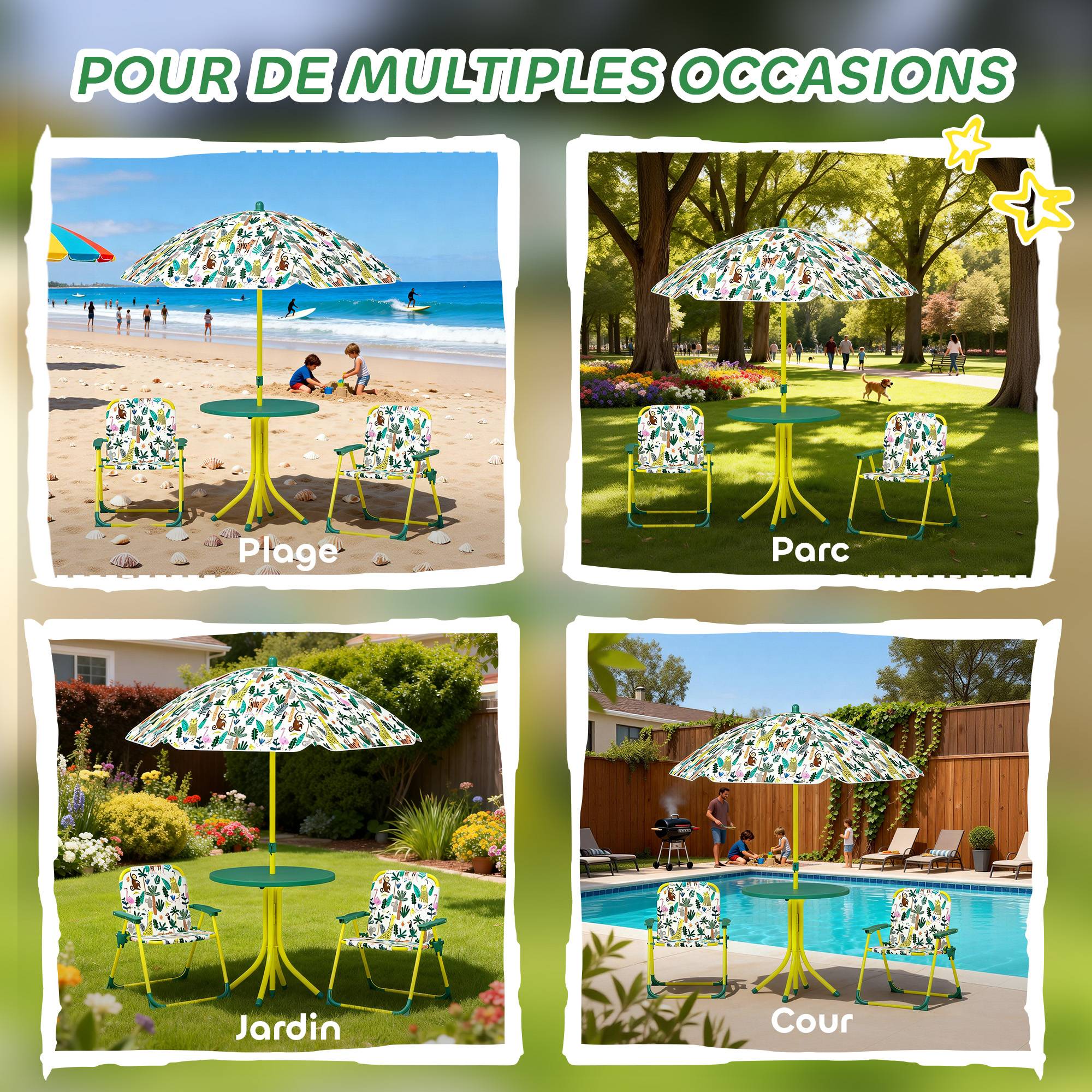 Ensemble Salon de Jardin Extérieur Enfant avec 2 Chaises Pliantes et Parasol, Thème Jungle, pour Jardin, Terrasse, Vert - Image 9