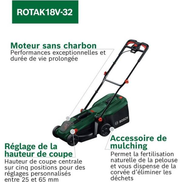 Bosch - Tondeuse sans fil BOSCH - ROTAK18V-32 - Largeur de coupe: 32 cm - Sac 35 L, accessoire de Mulching, batterie et Chargeur - Image 2