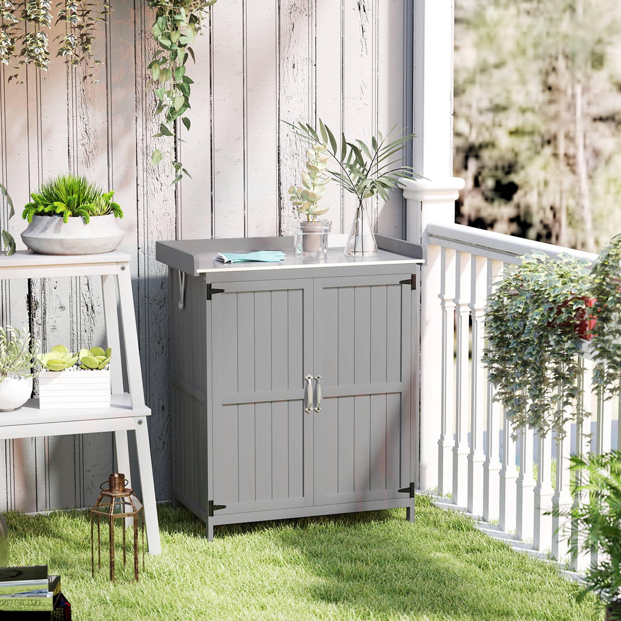 Sans Marque - Armoire de jardin en bois abri de jardin avec 2 portes, toit à charnières et étagère, 74 x 43 x 88 cm, gris - Image 3