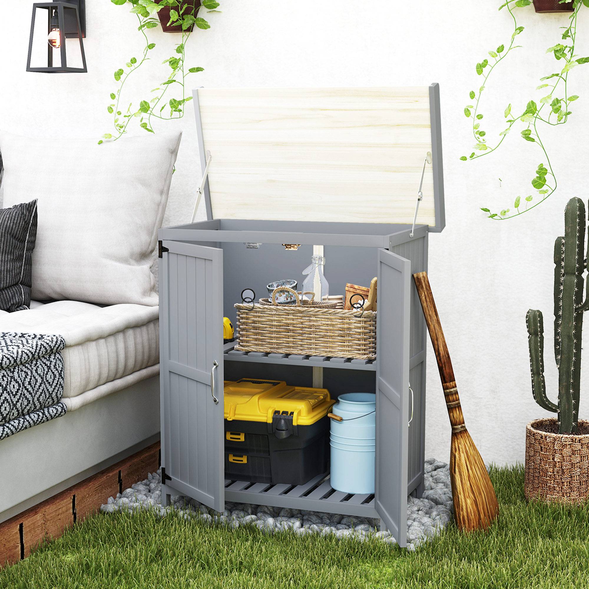 Sans Marque - Armoire de jardin en bois abri de jardin avec 2 portes, toit à charnières et étagère, 74 x 43 x 88 cm, gris - Image 4