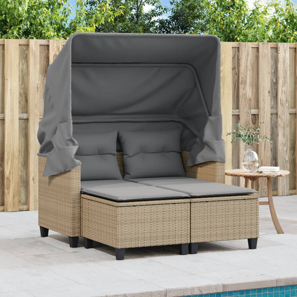 Salon Bas de Jardin 2 Places Résine Tressée avec Capote et Tabourets – Espace Détente Beige – ComfortXL Outdoor Living - Image 3