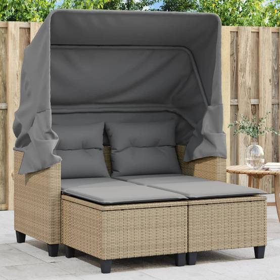 Salon Bas de Jardin 2 Places Résine Tressée avec Capote et Tabourets – Espace Détente Beige – ComfortXL Outdoor Living - Image 1