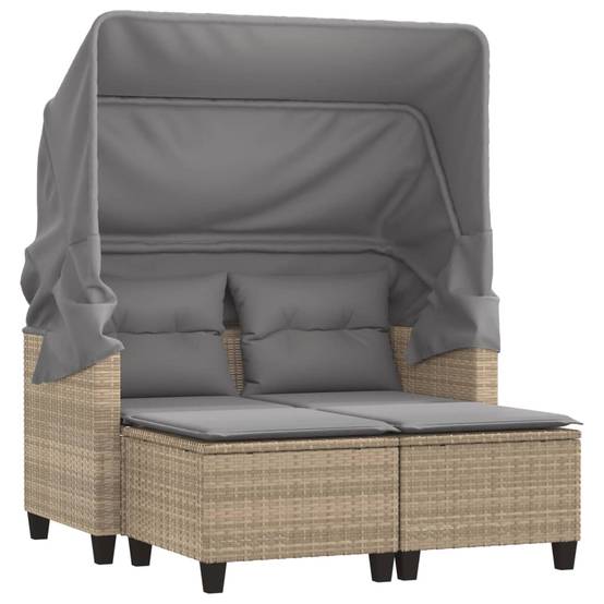 Salon Bas de Jardin 2 Places Résine Tressée avec Capote et Tabourets – Espace Détente Beige – ComfortXL Outdoor Living - Image 2