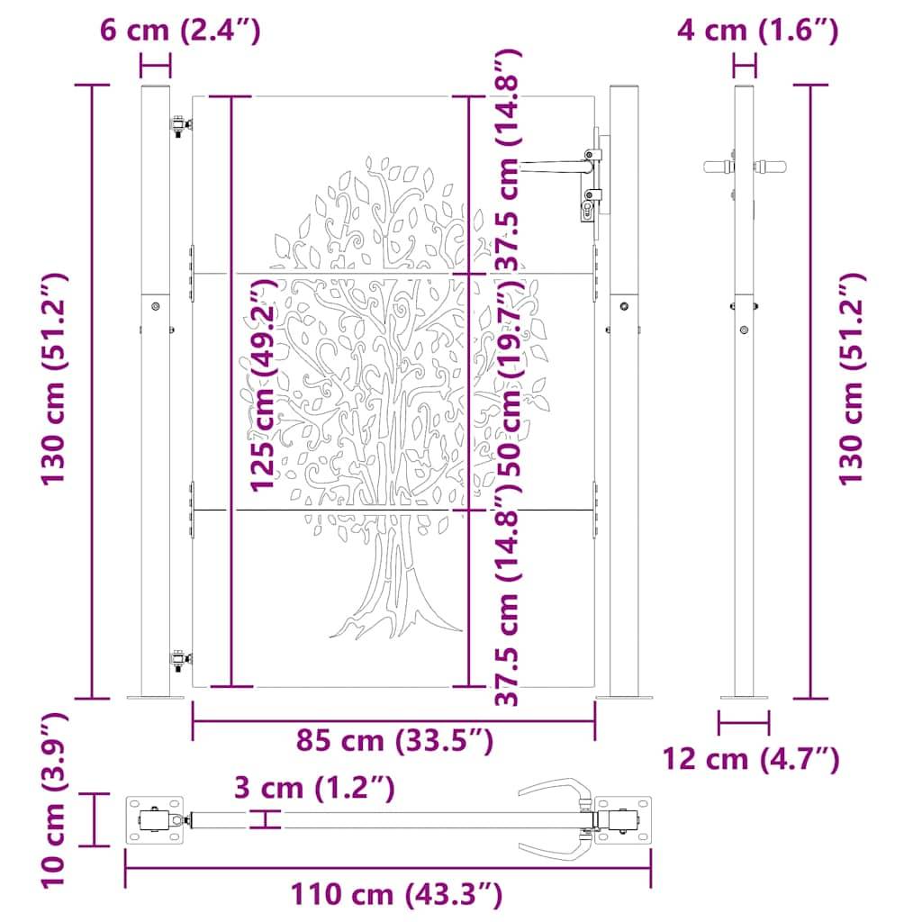Portail de Jardin Acier Corten Design Arbre Nature Verrouillable pour Entrée de Maison Effet Rouillé 110x130 cm – ComfortXL Outdoor Living - Image 7