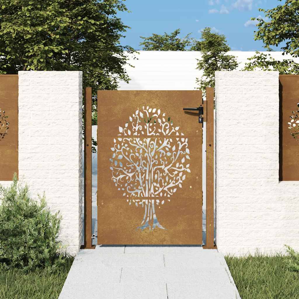 Portail de Jardin Acier Corten Design Arbre Nature Verrouillable pour Entrée de Maison Effet Rouillé 110x130 cm – ComfortXL Outdoor Living - Image 1