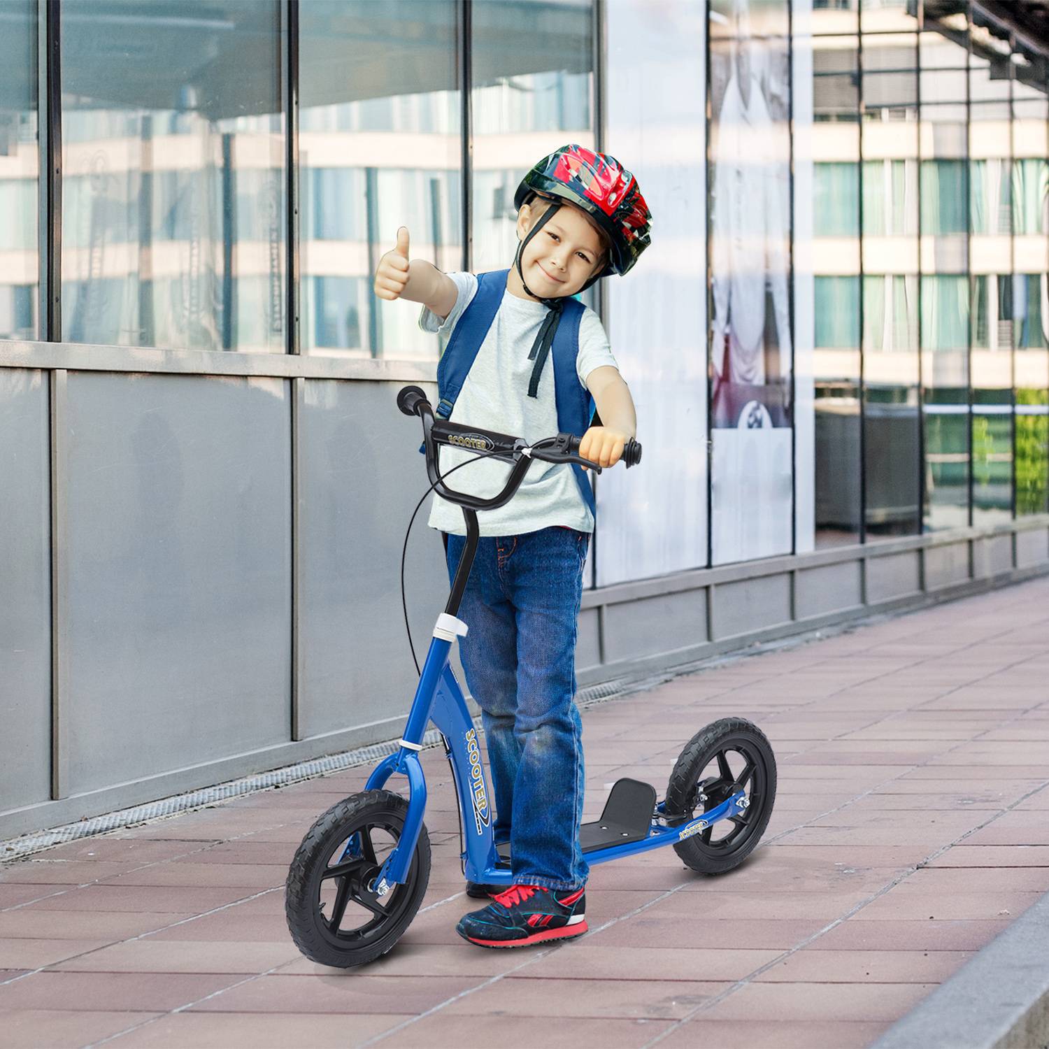 Trottinette enfant patinette pneus 30 cm Hauteur Guidon réglable poignée Frein et béquille Acier pour enfants à partir de 5 ans Bleu - Image 3