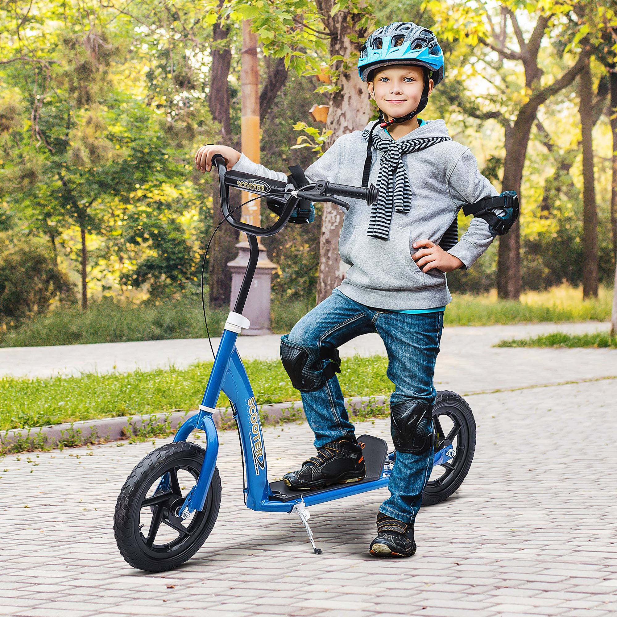 Trottinette enfant patinette pneus 30 cm Hauteur Guidon réglable poignée Frein et béquille Acier pour enfants à partir de 5 ans Bleu - Image 4
